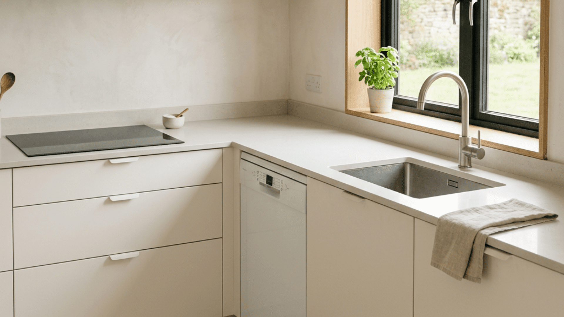 minimal cream kitchen with a sink dishwasher cooktop open shelf and basil plant by a black framed window