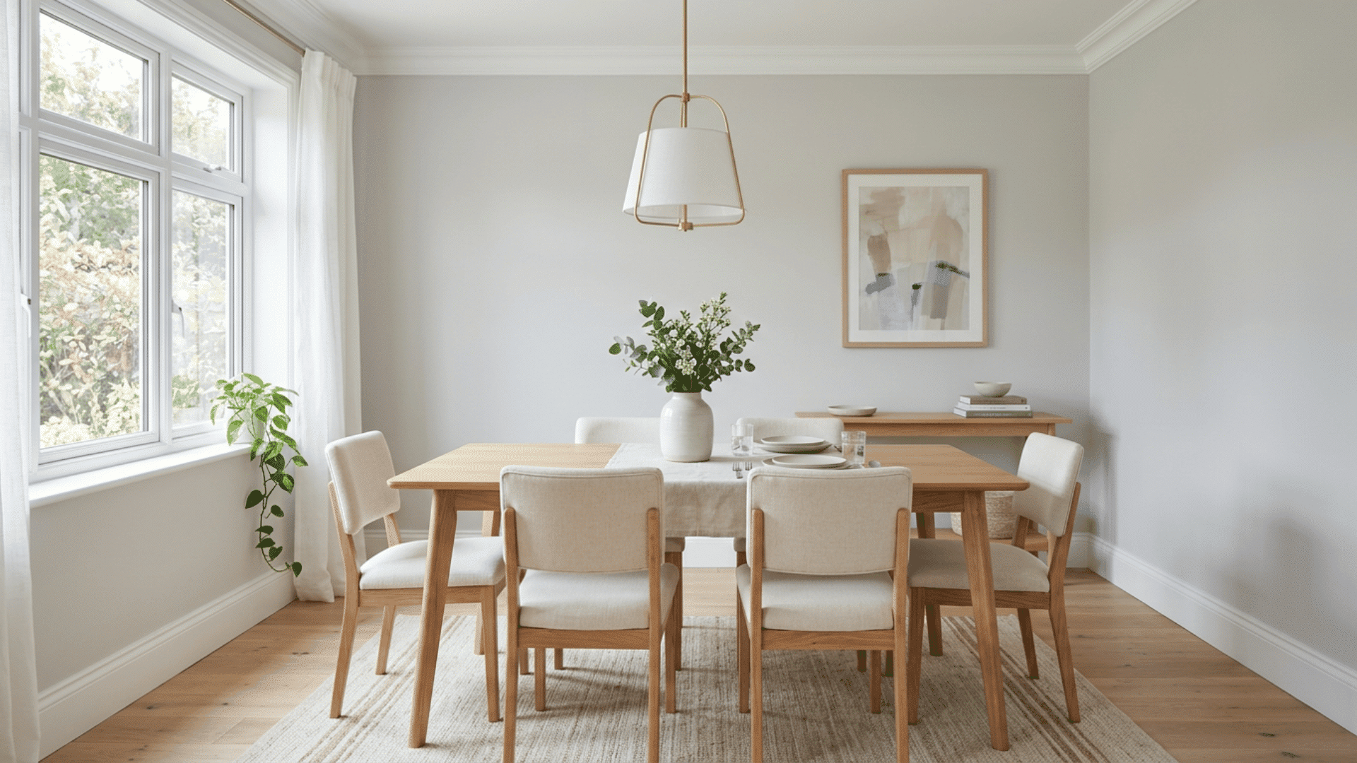 minimal dining room with light gray walls wooden table cream chairs white curtains pendant light and leafy plants