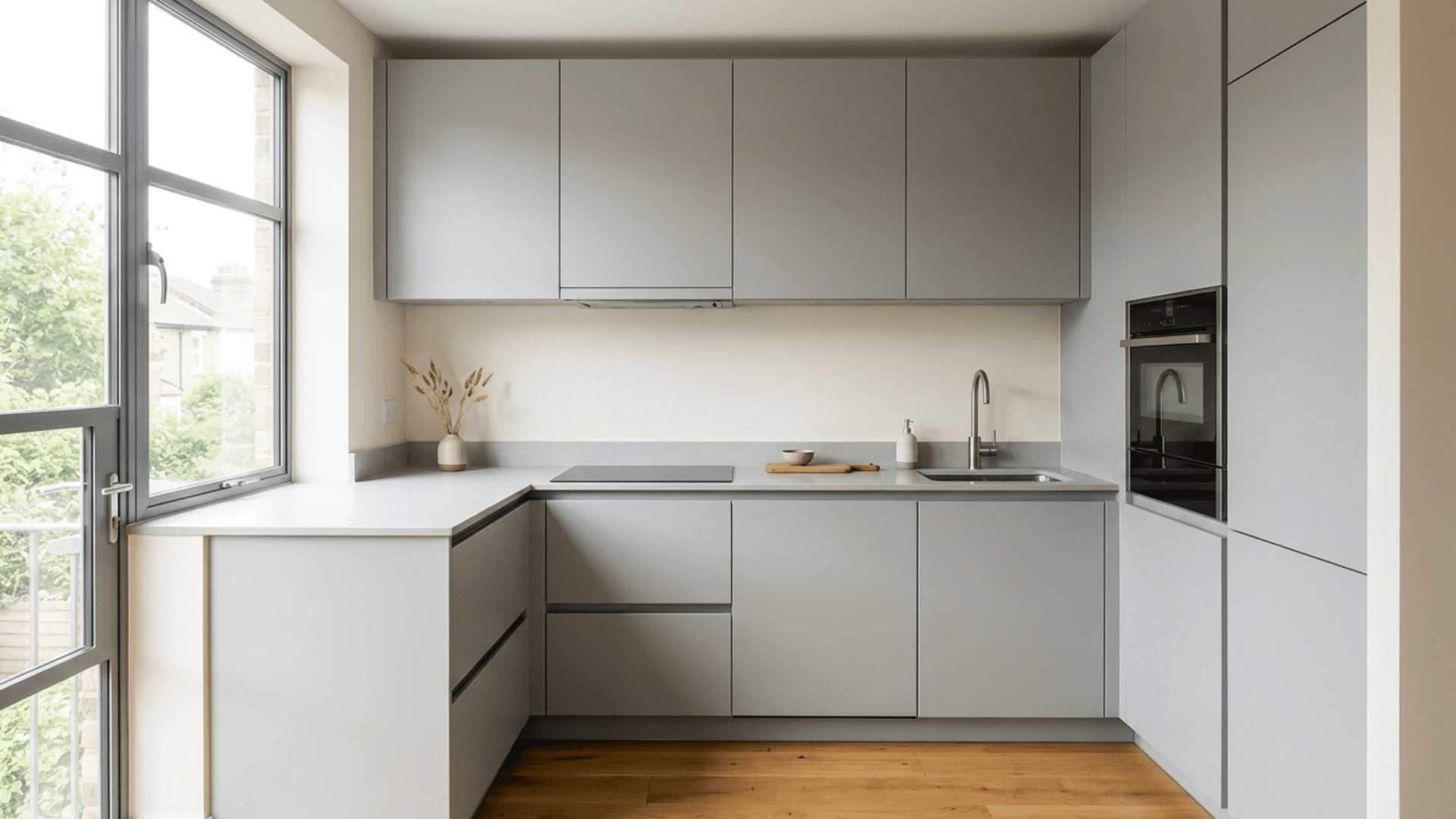 minimal gray kitchen with large window sleek cabinets white countertop sink cooktop built in oven and wood floor