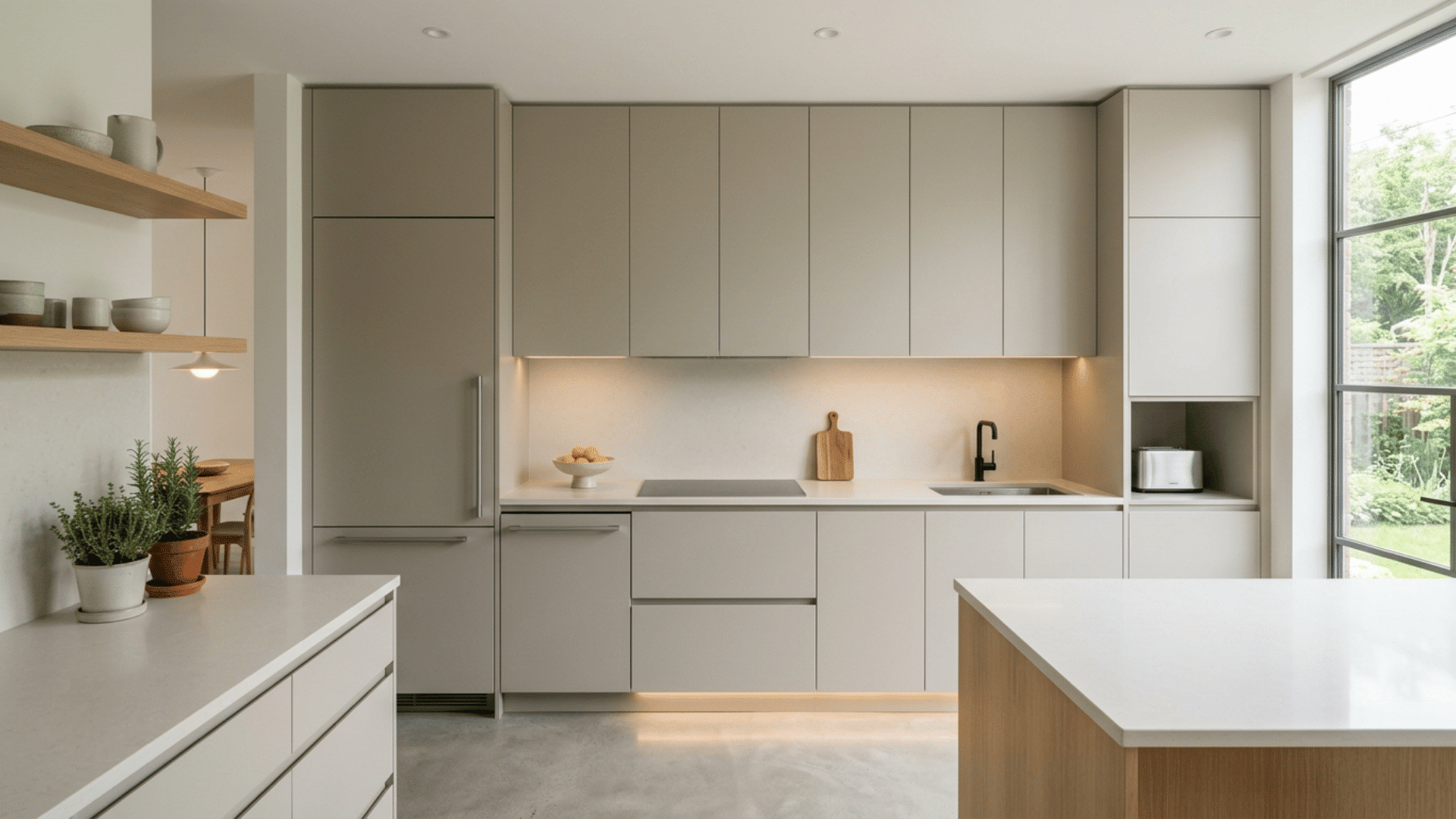 minimal light gray kitchen with tall cabinets open shelves garden window white island and soft under cabinet lighting