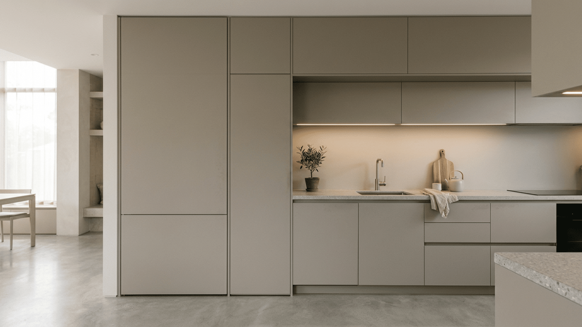 minimal taupe kitchen with tall flat cabinets concrete floor under cabinet lighting and soft dining area at left