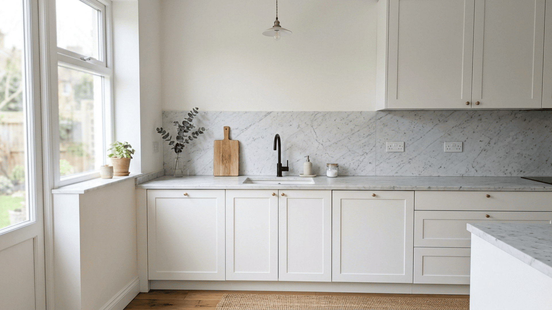 minimal white kitchen with marble backsplash brass knobs black faucet cutting board and potted plant by a window