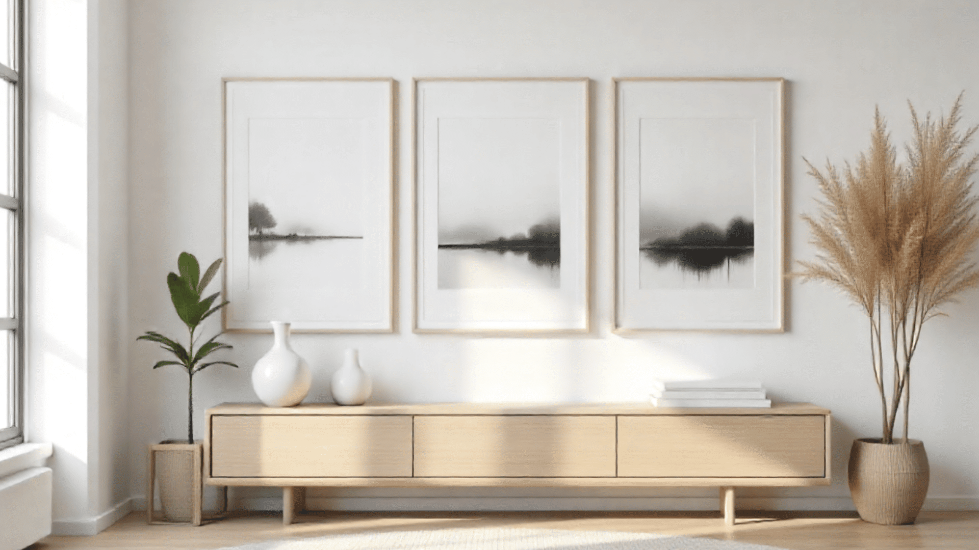 minimalist framed artworks depicting misty landscapes hang above a light wood console table