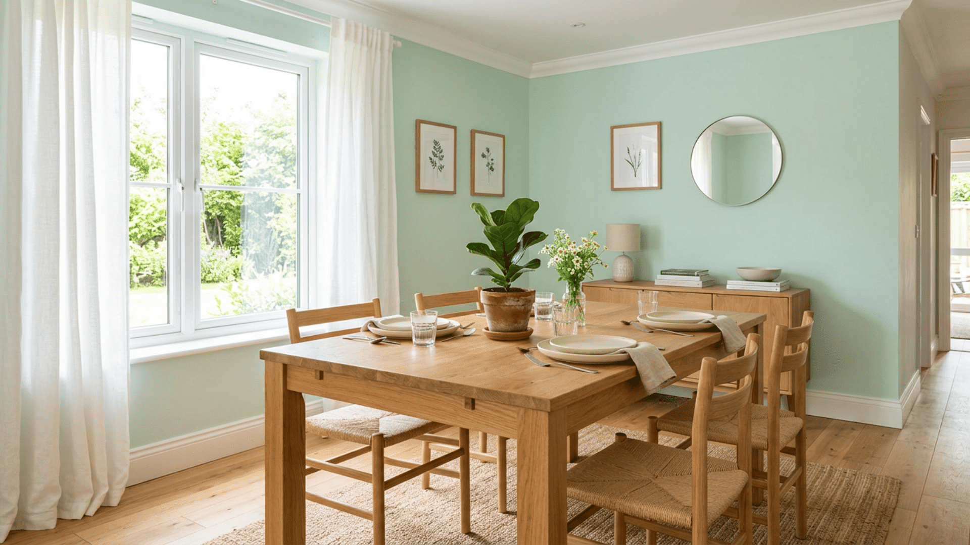 mint green dining room with a wood table woven chairs potted plant botanical art and bright garden windows