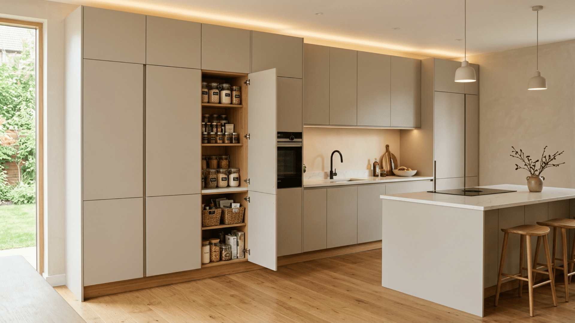 modern beige kitchen with open pantry white island wood stools black faucet pendant lights and garden door
