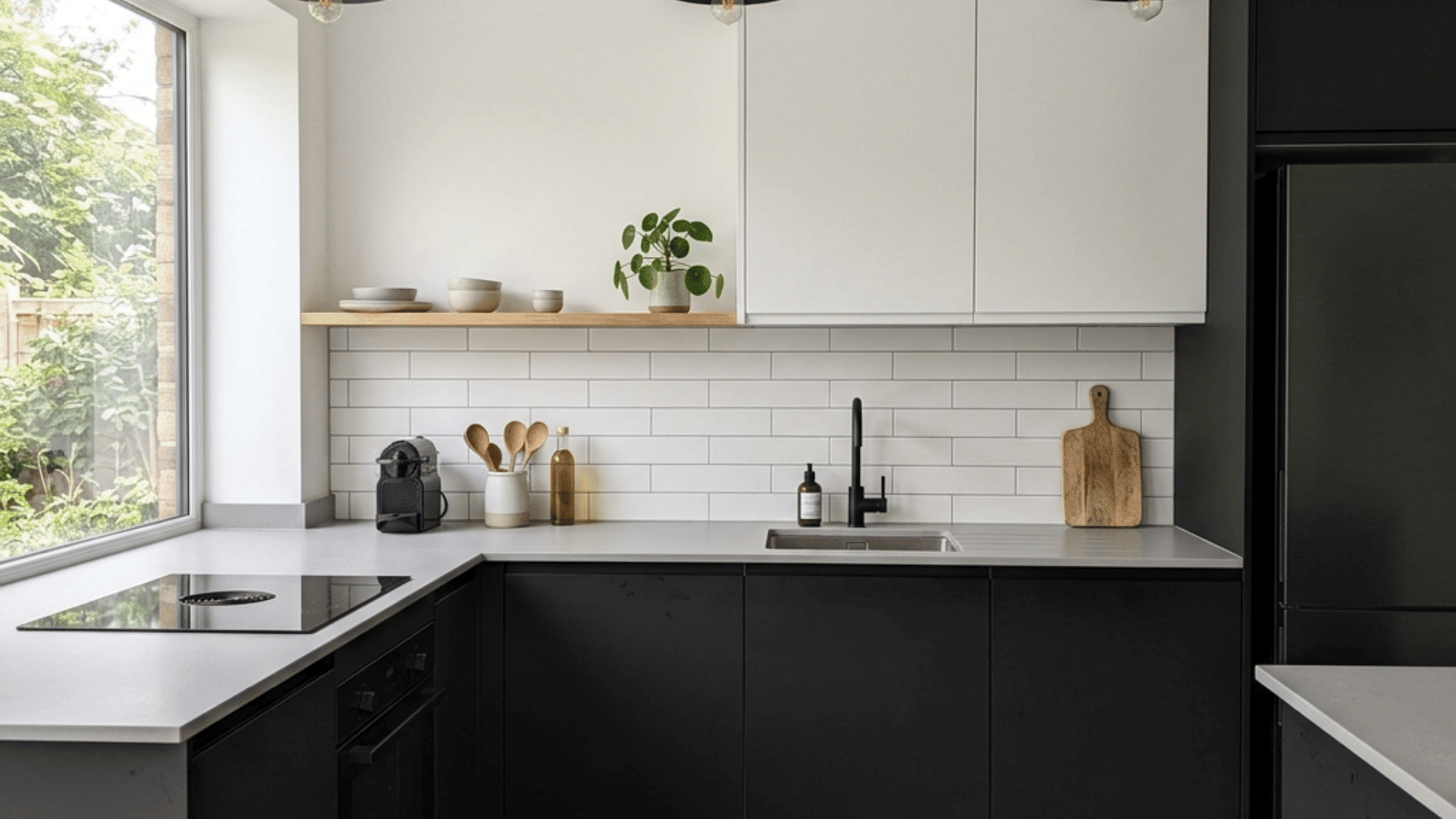 modern black and white kitchen with pendant lights large window subway tile backsplash sink stove and cabinets
