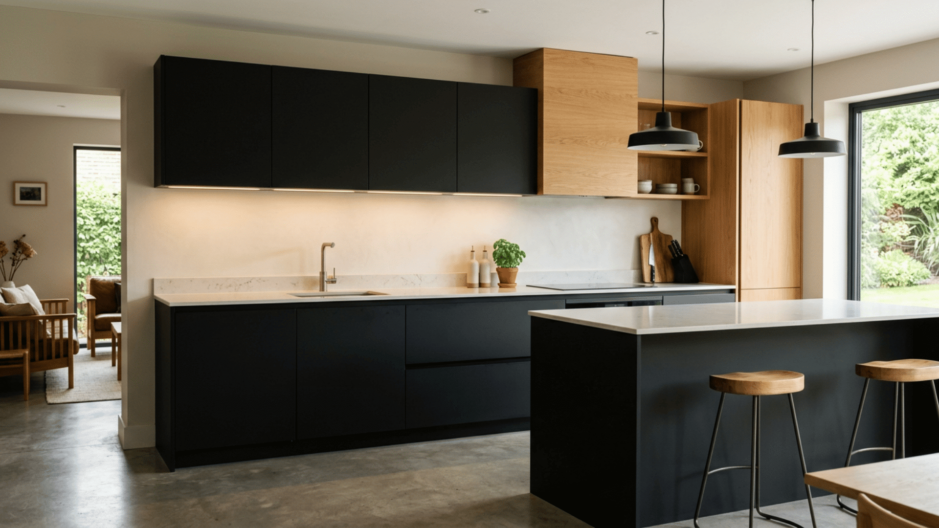 modern black and wood kitchen with island stools pendant lights garden window and lounge visible through doorway