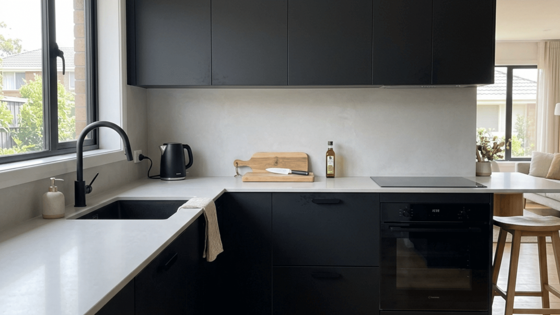 modern black kitchen with white counters black sink wall cabinets oven wood floors and a large window beside the faucet