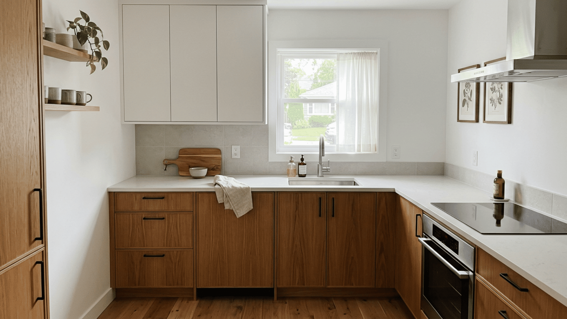 modern kitchen with wood cabinets white counters a sink under a window and open shelves with mugs and plants