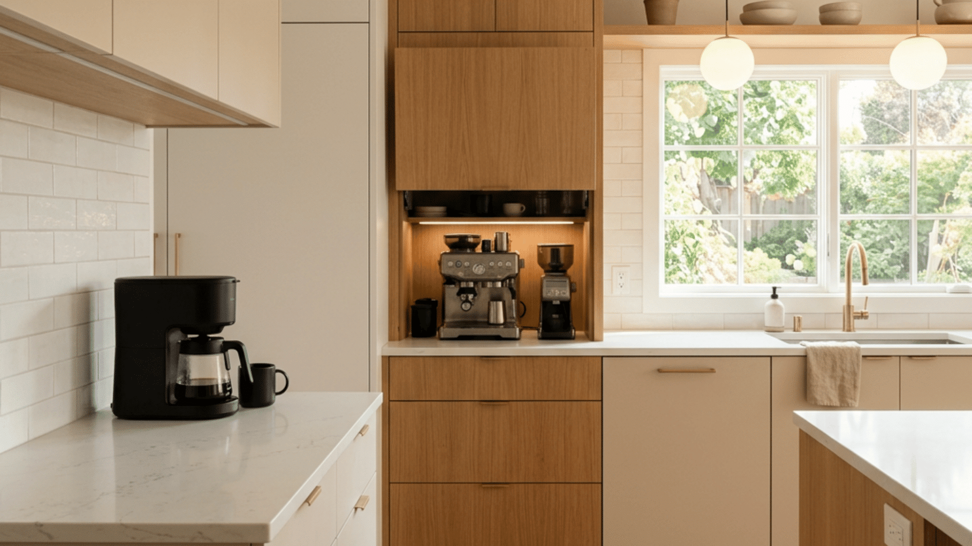 modern kitchen with wood cabinets white counters coffee station pendant lights and a garden view window
