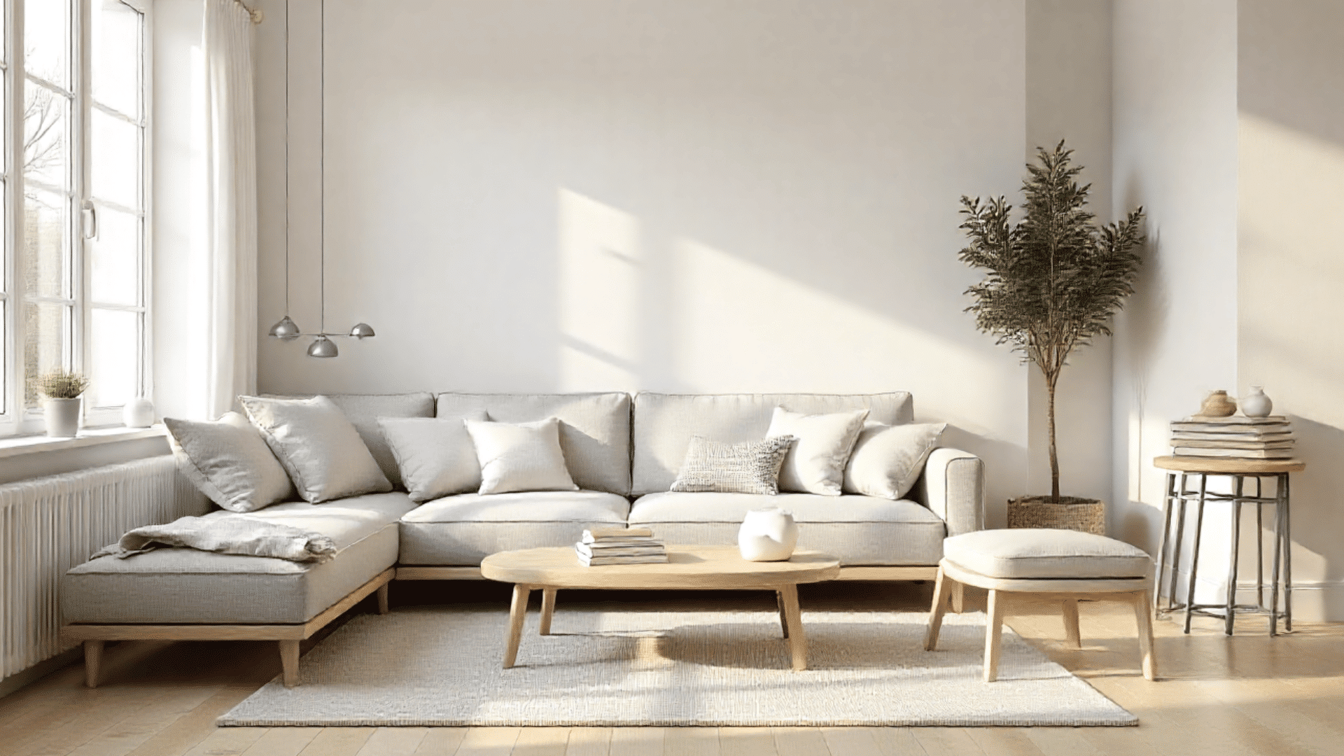modern living room with a sectional sofaa coffee table an ottoman, and a potted plant next to a large window