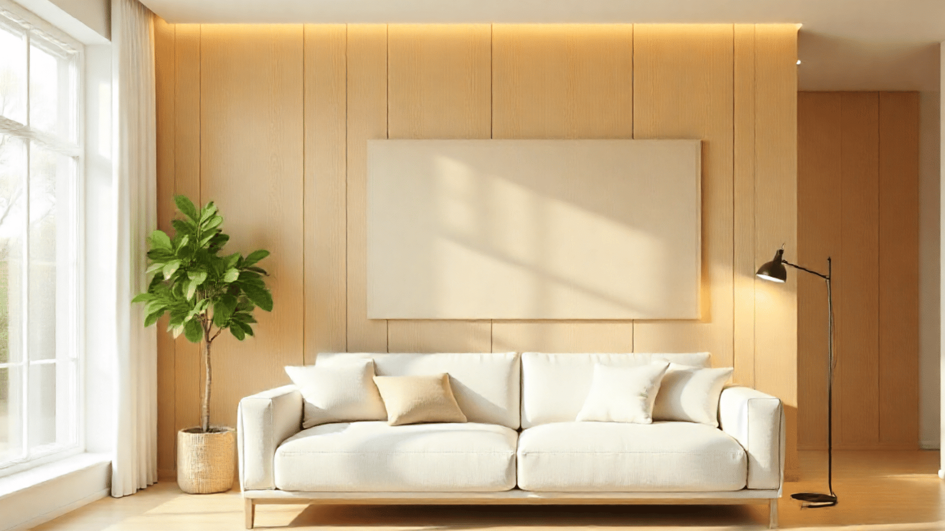modern living room with a white couch a potted plant and a large blank canvas on a wood paneled wall