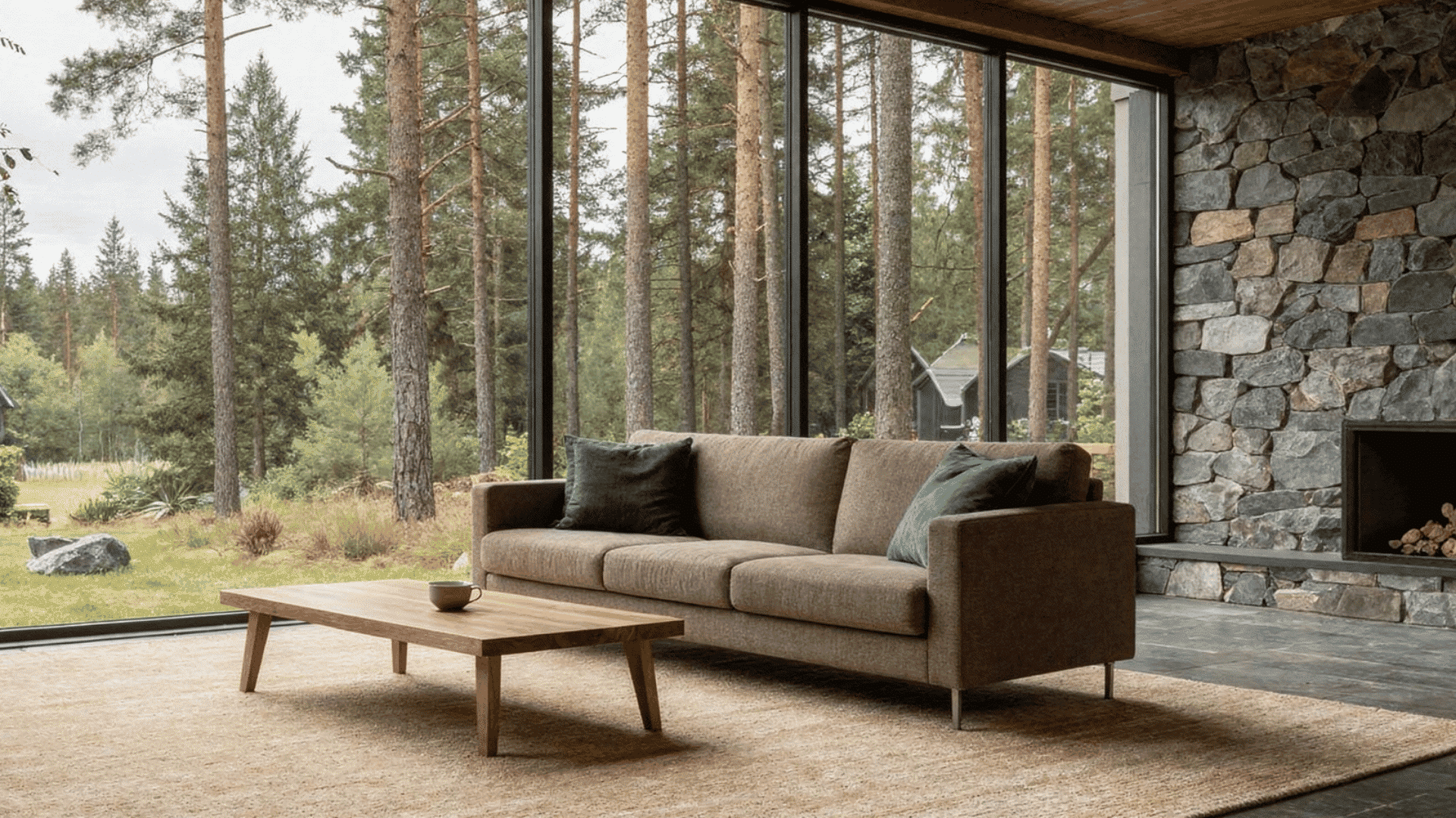 modern living room with large window overlooking forest featuring brown sofa wooden coffee table and stone fireplace