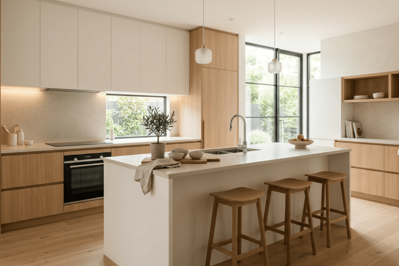 modern oak and white kitchen with island stools pendant lights garden windows potted plant and built in oven in soft daylight