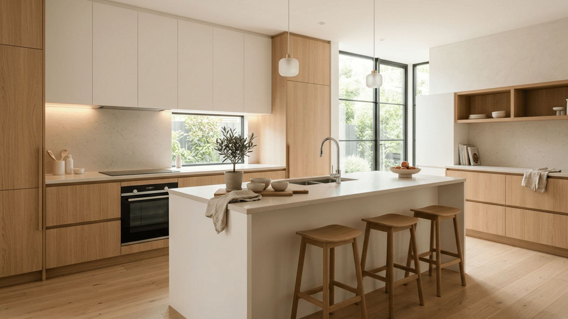 modern oak and white kitchen with island stools pendant lights garden windows potted plant and built in oven in soft daylight