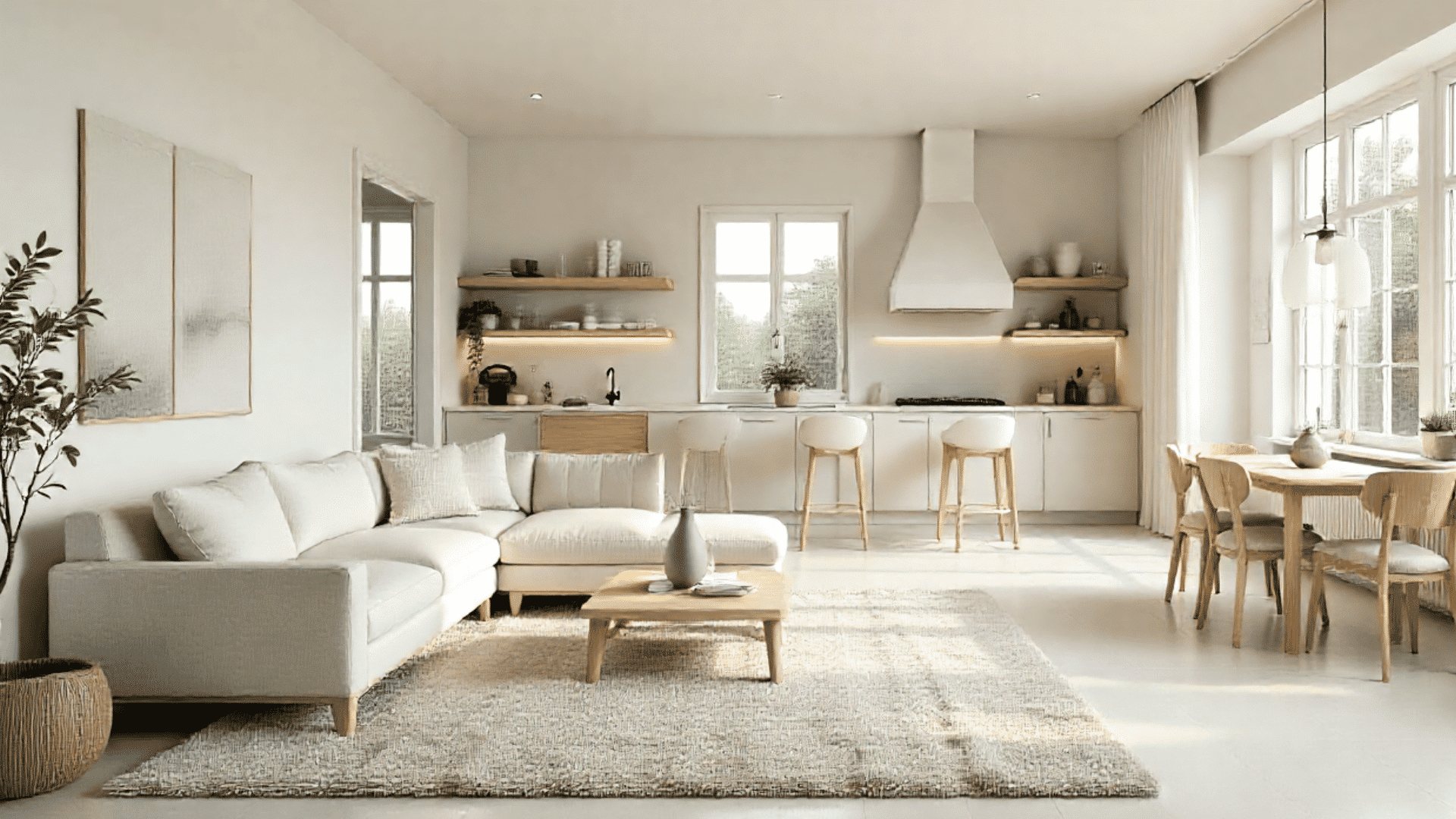 modern open plan living and kitchen area with a sectional sofa coffee table dining table and white kitchen cabinets