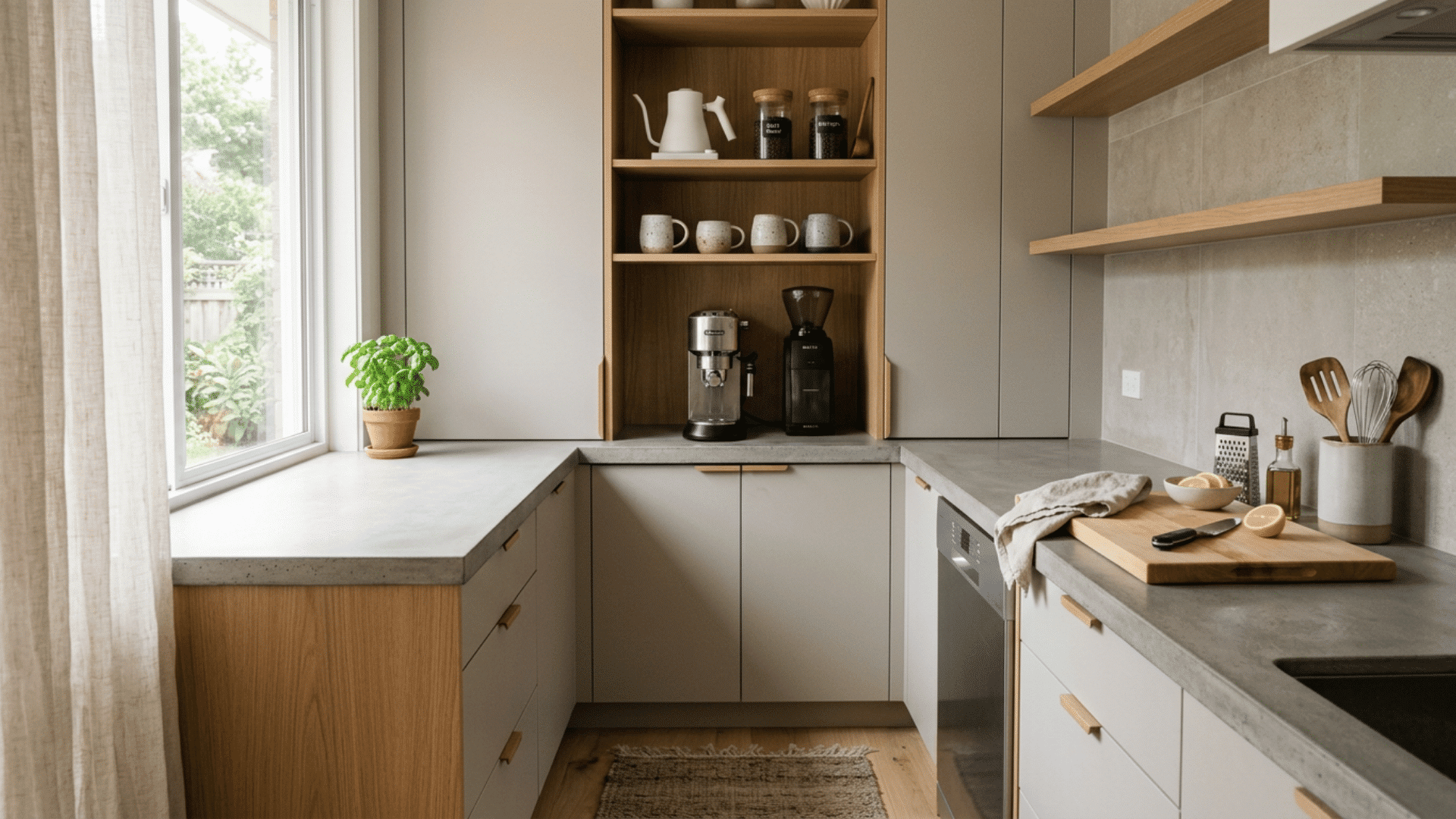 narrow kitchen with coffee station open wood shelving gray counters potted basil cutting board sink and soft curtains
