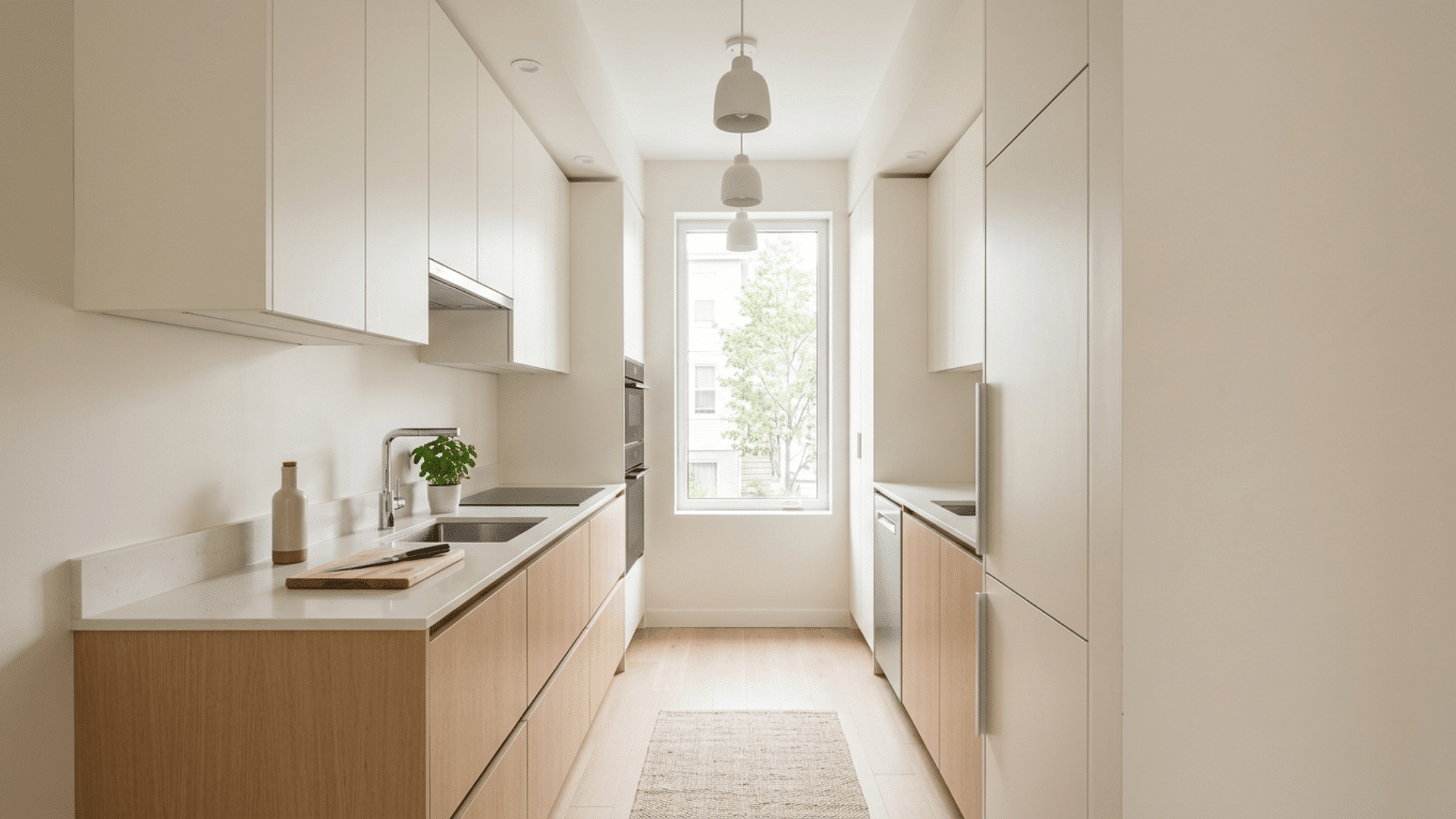 narrow modern kitchen with light wood cabinets white counters pendant lights and a bright window at the end