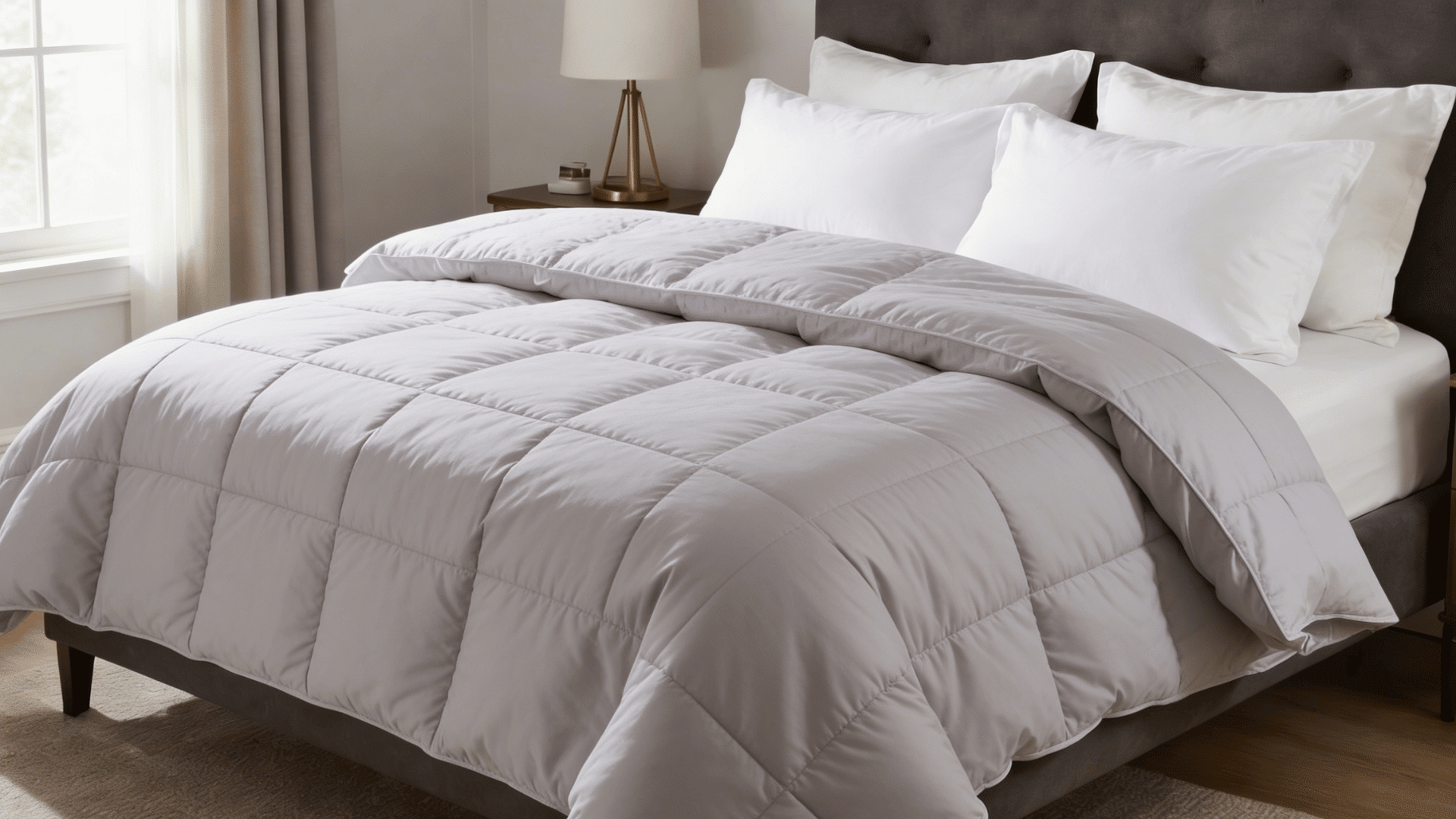 neatly made bed with a gray quilted comforter and white pillows on a dark headboard