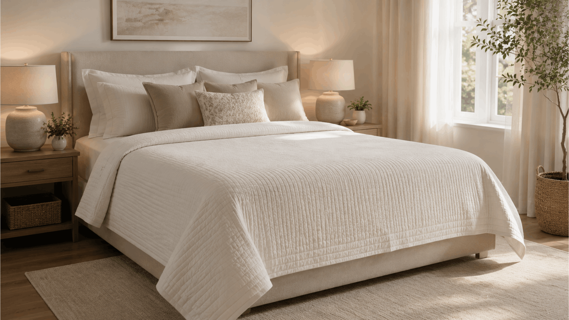 neatly made bed with a light cream coverlet soft pillows bedside tables and warm natural bedroom light