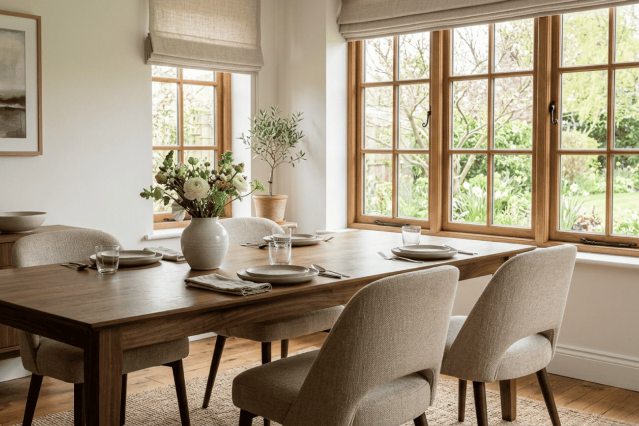 neutral dining room with a walnut table beige chairs flower vase roman shades and garden view through wood windows