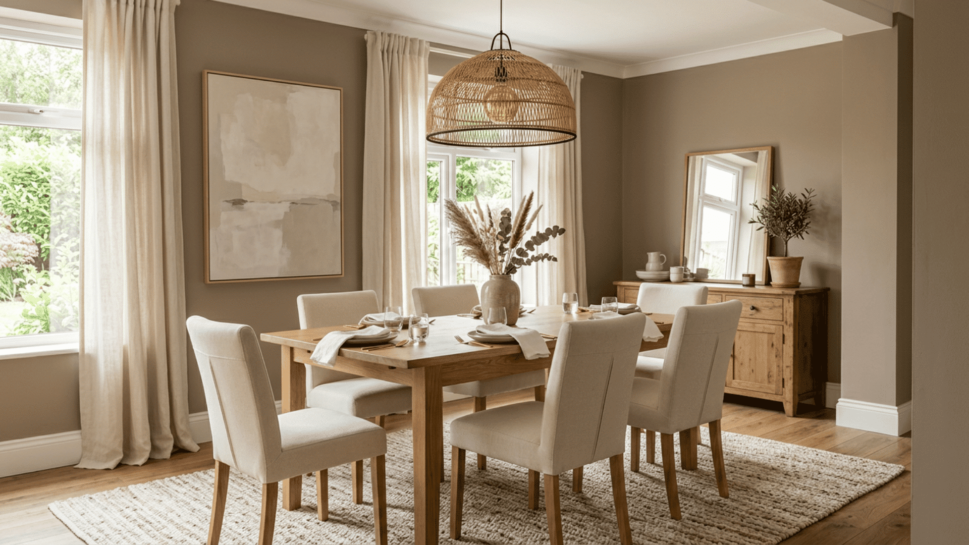 neutral dining room with a wood table cream chairs woven pendant light curtains abstract art and a sideboard
