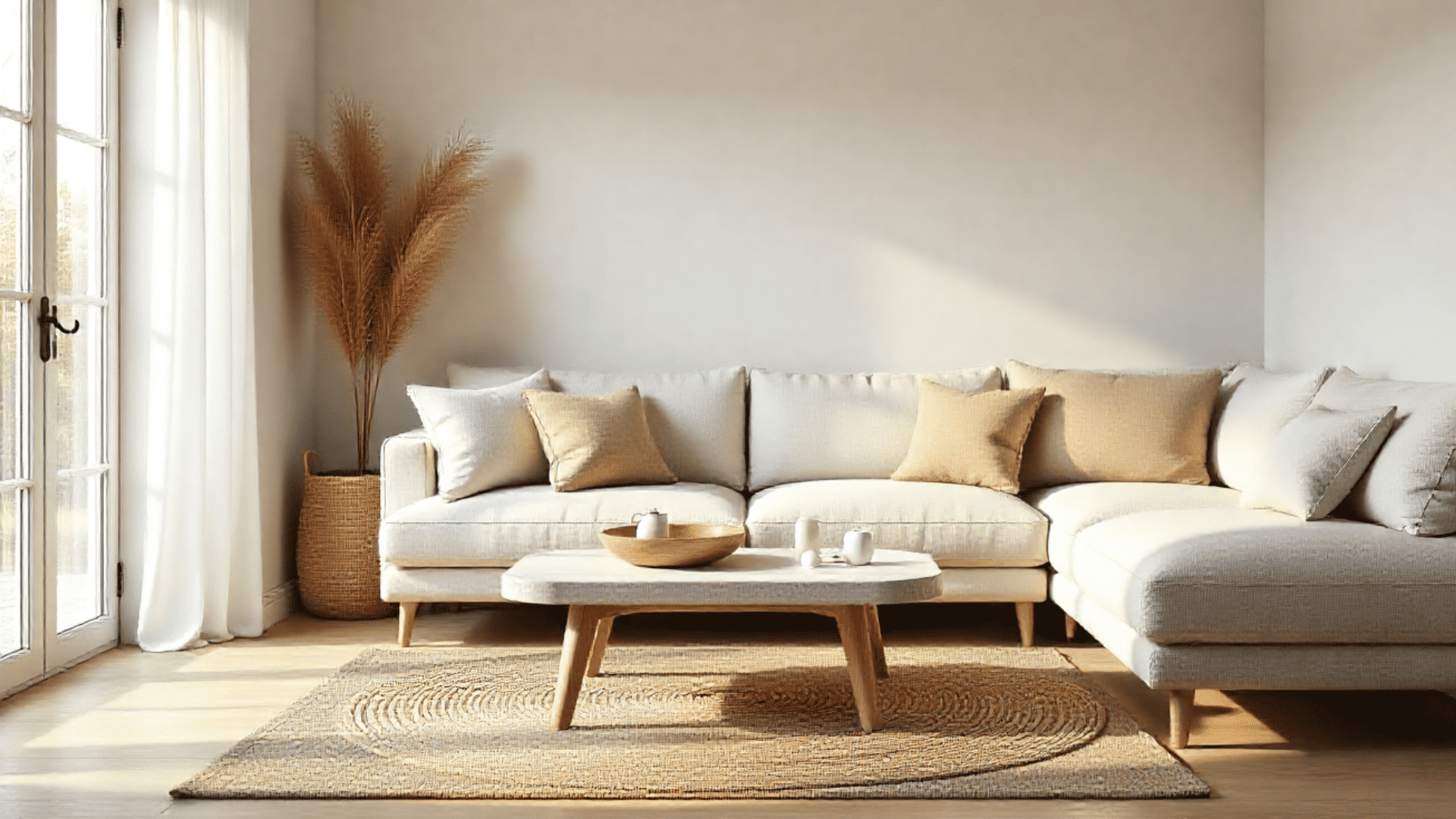 neutral toned sectional sofa with textured cushions in a living room featuring a wooden coffee table and a woven rug