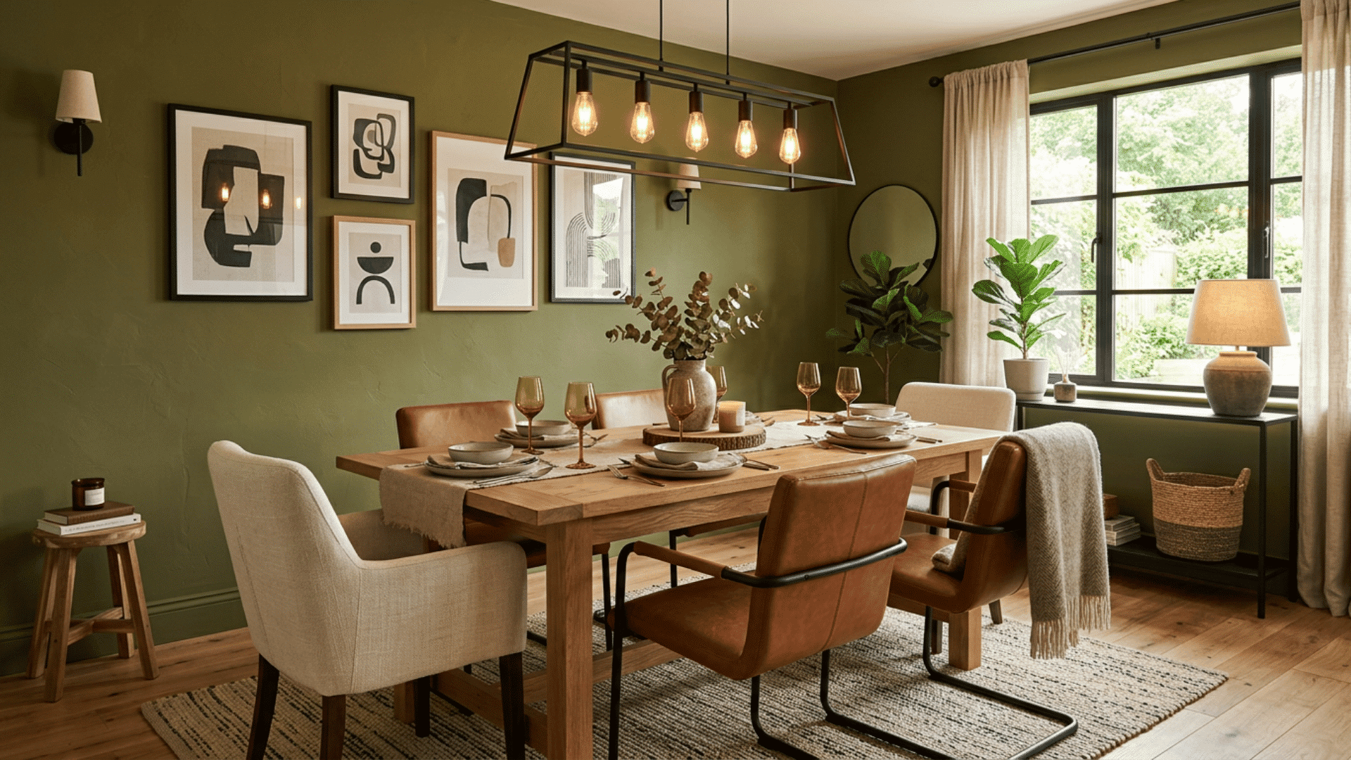 olive green dining room with wooden table leather chairs modern chandelier gallery wall plants and large window