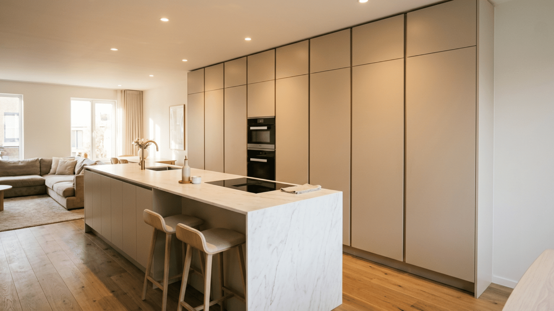 open plan kitchen with marble island tall beige cabinets two stools and living room seating in soft sunlight