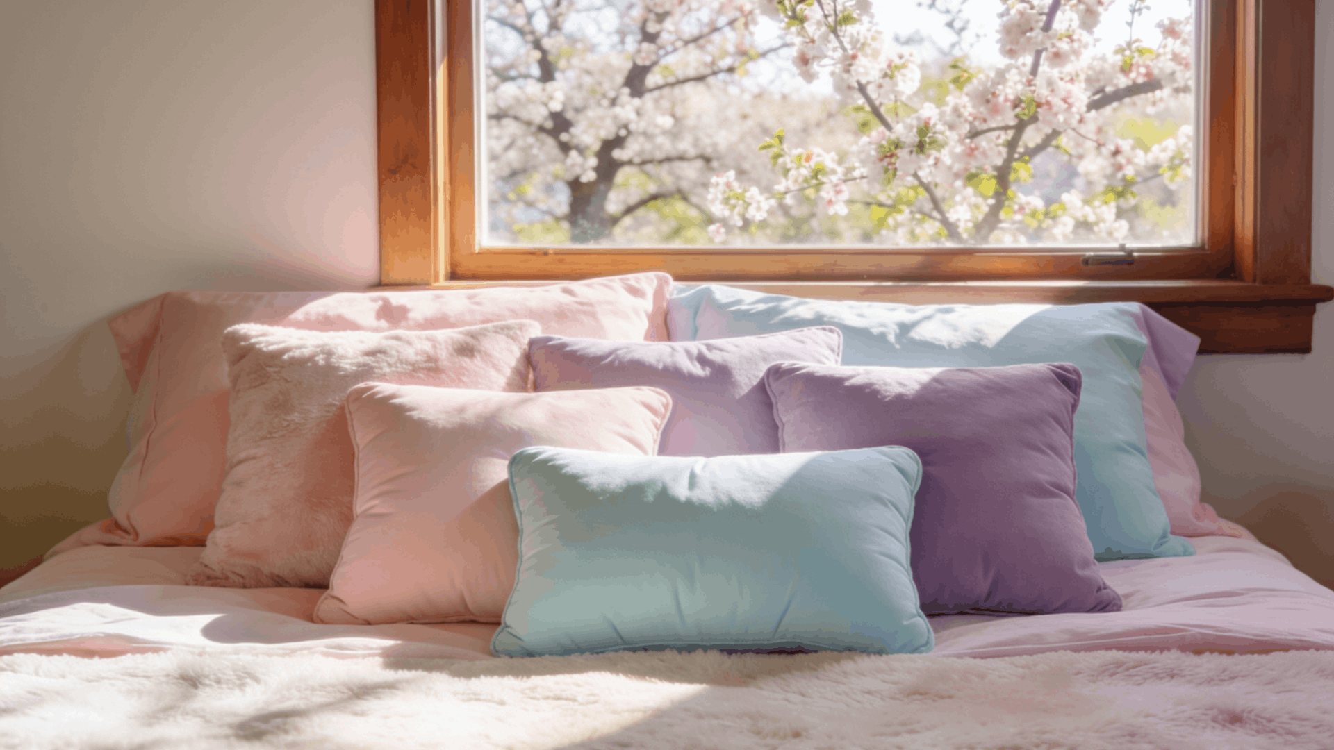 pastel pillows arranged on a soft bed beside a sunny window with spring blossoms outside