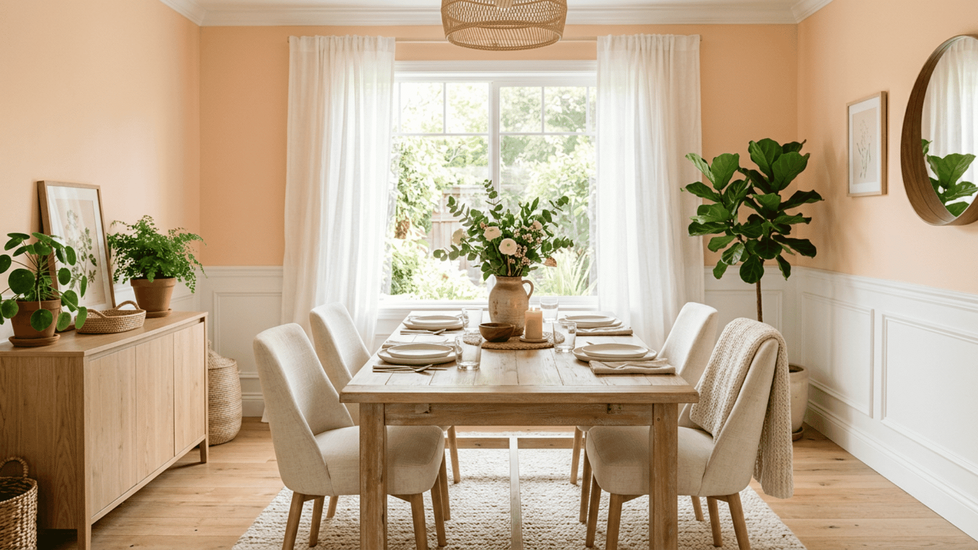 peach dining room with a rustic wood table cream chairs white curtains green plants and soft natural light
