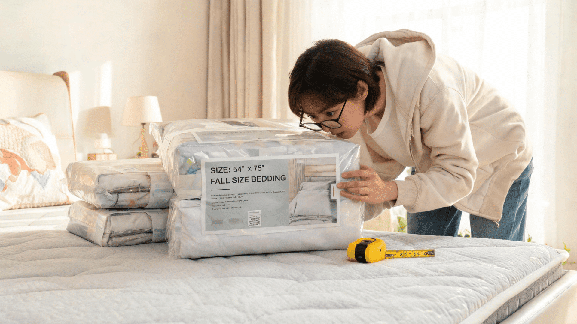 person checking printed size dimensions on bedding package labels resting on a mattress next to a measuring tape