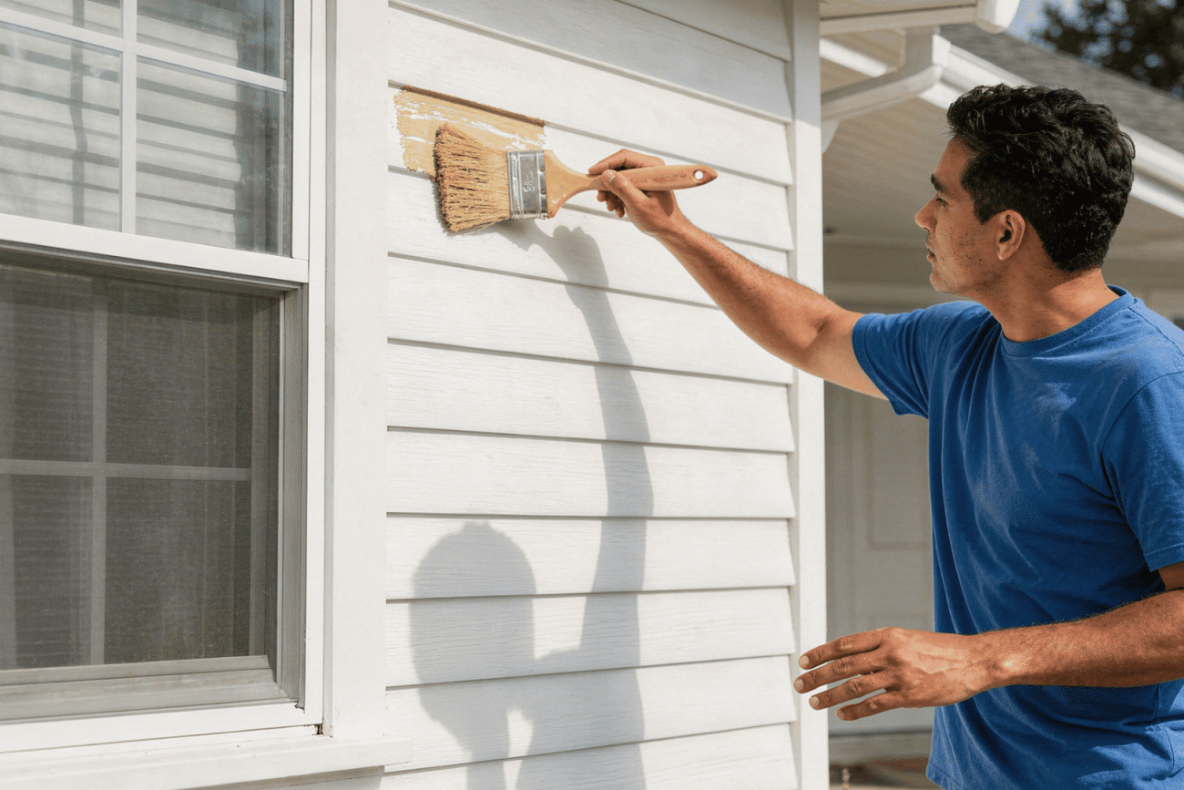 person in a blue t shirt paints the exterior of a house with a paintbrush applying a light yellow paint over white