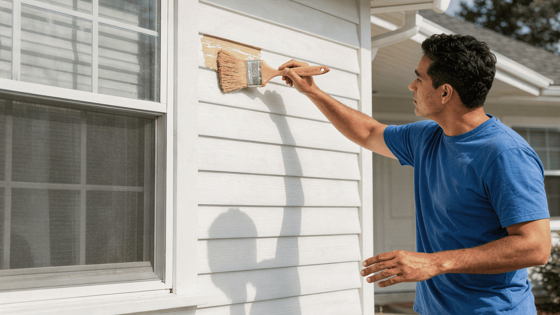 person in a blue t shirt paints the exterior of a house with a paintbrush applying a light yellow paint over white