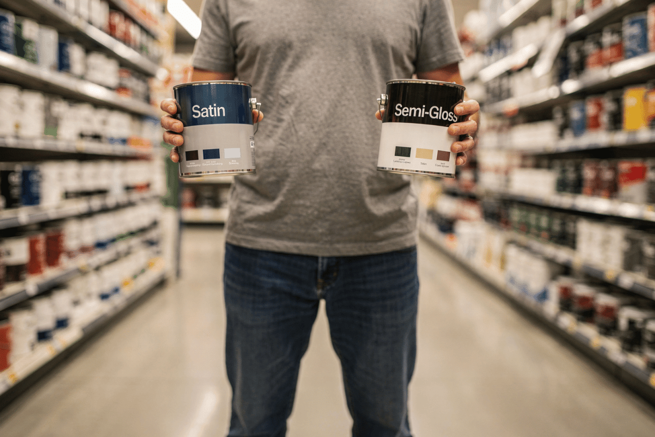 person standing in hardware store paint aisle holding two paint cans comparing satin and semi gloss