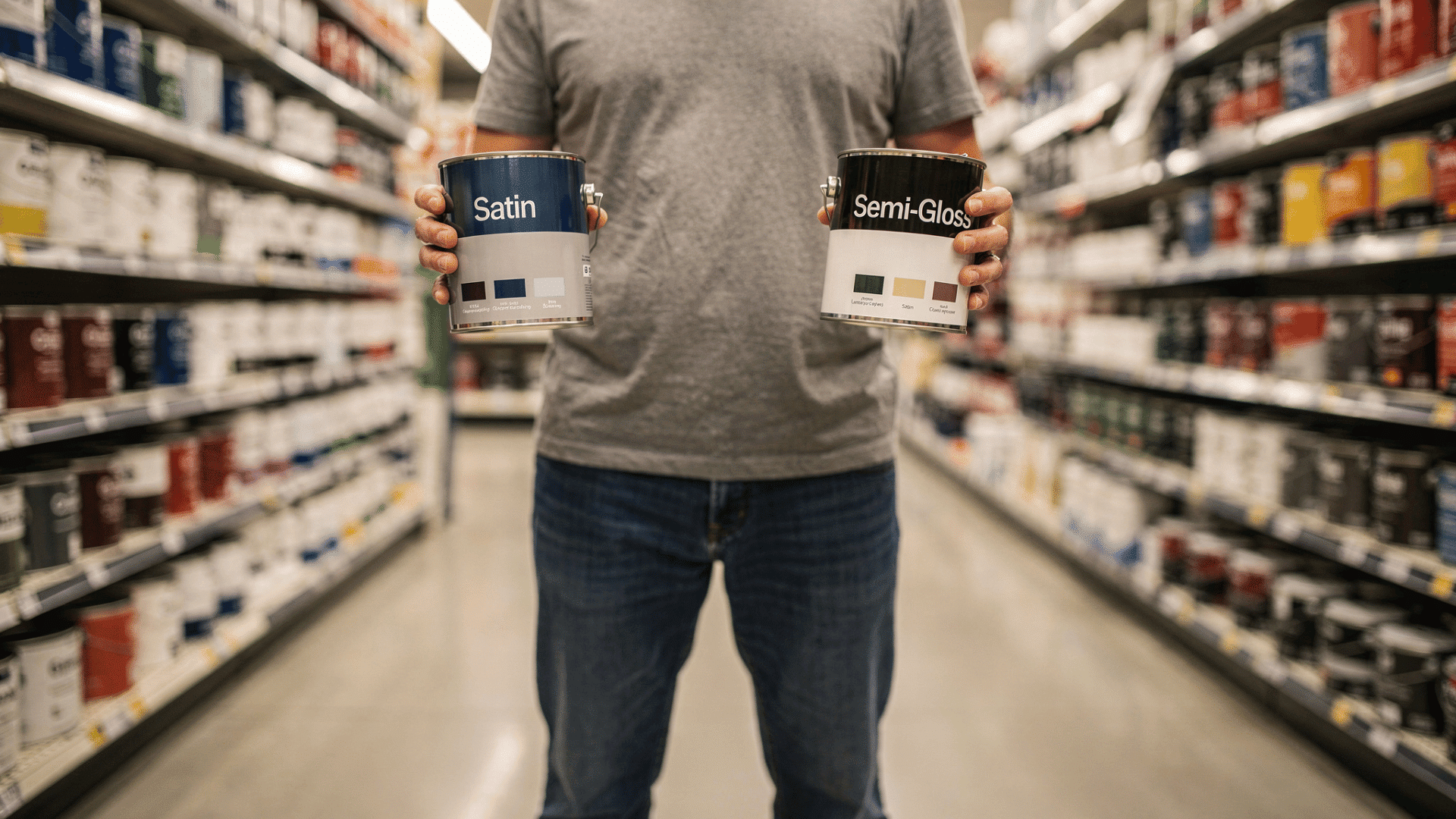 person standing in hardware store paint aisle holding two paint cans comparing satin and semi gloss