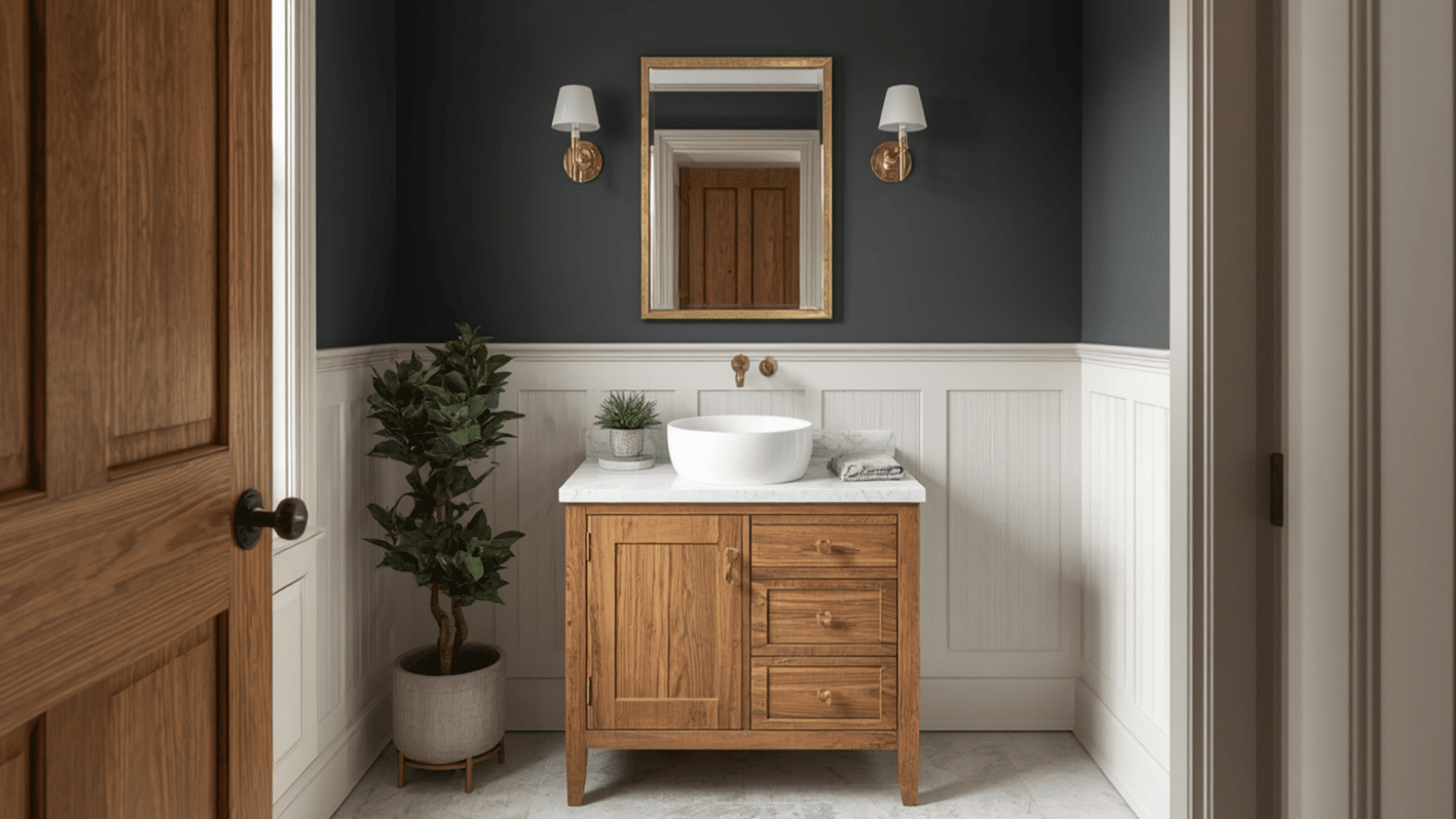 powder room with silhouette af 655 walls and a wood vanity