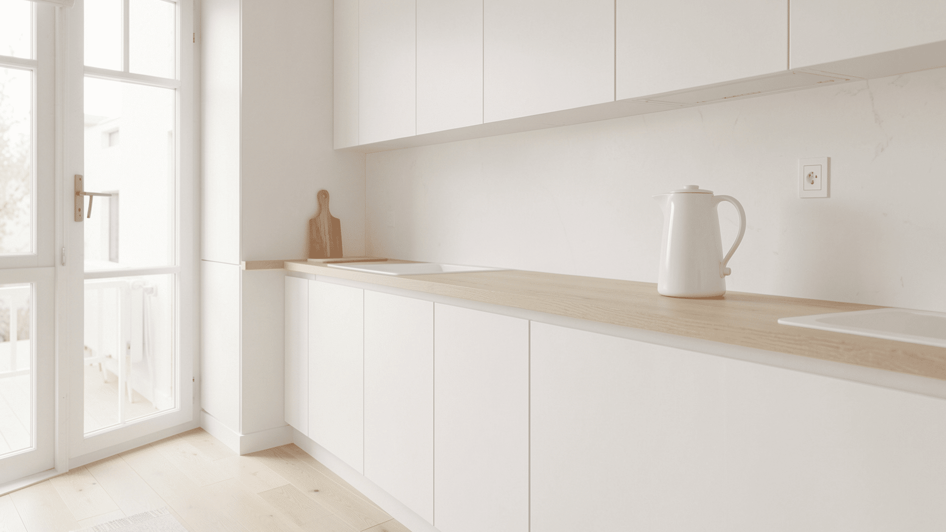push to open handleless white cabinets smooth surfaces integrated finger pulls pale floors scandi kitchen