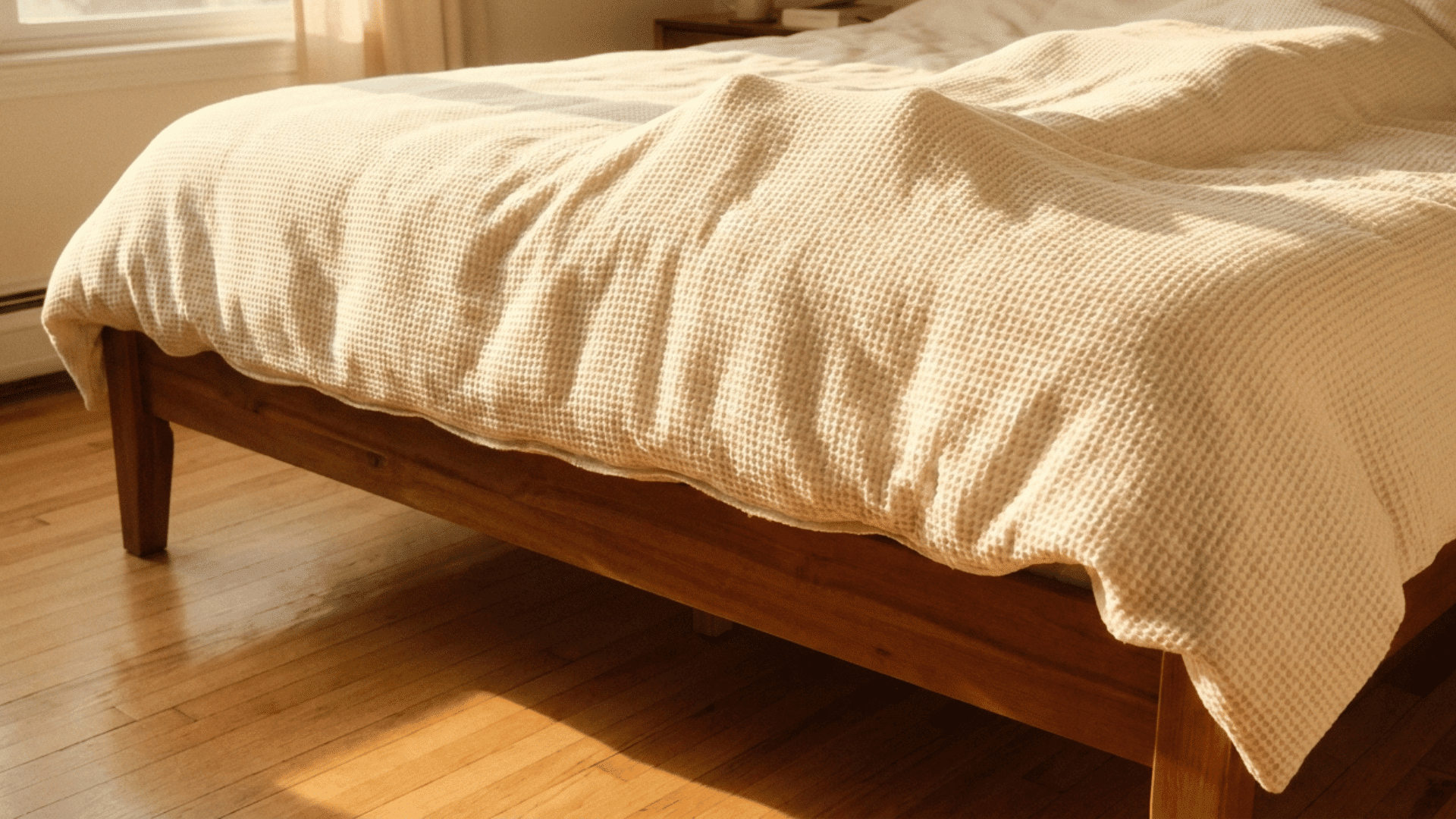 queen comforter covering a tall sleepers feet and tucking under the foot of a full bed