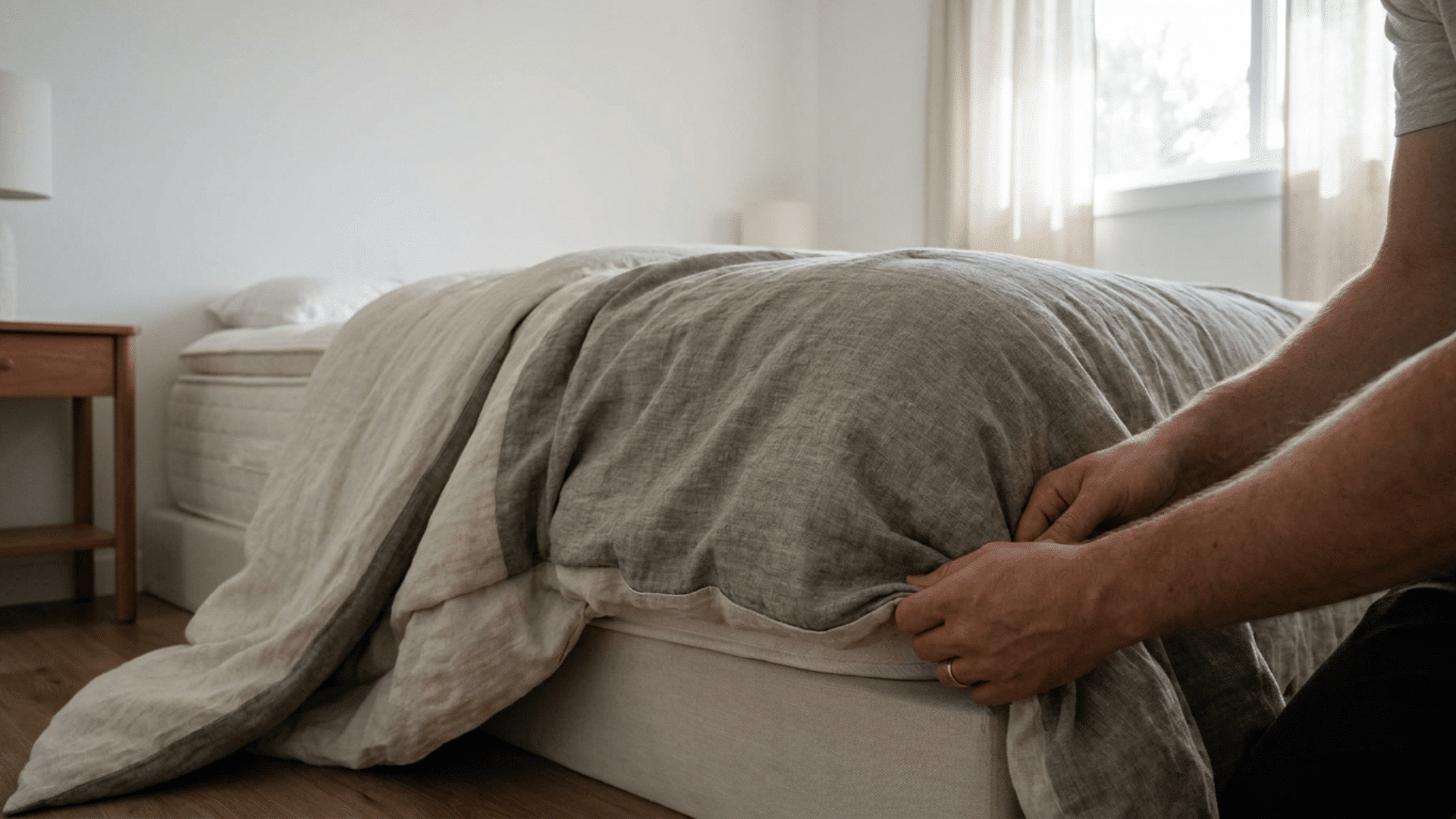 queen comforter with one side tucked under a full mattress and the other side draping freely to the floor