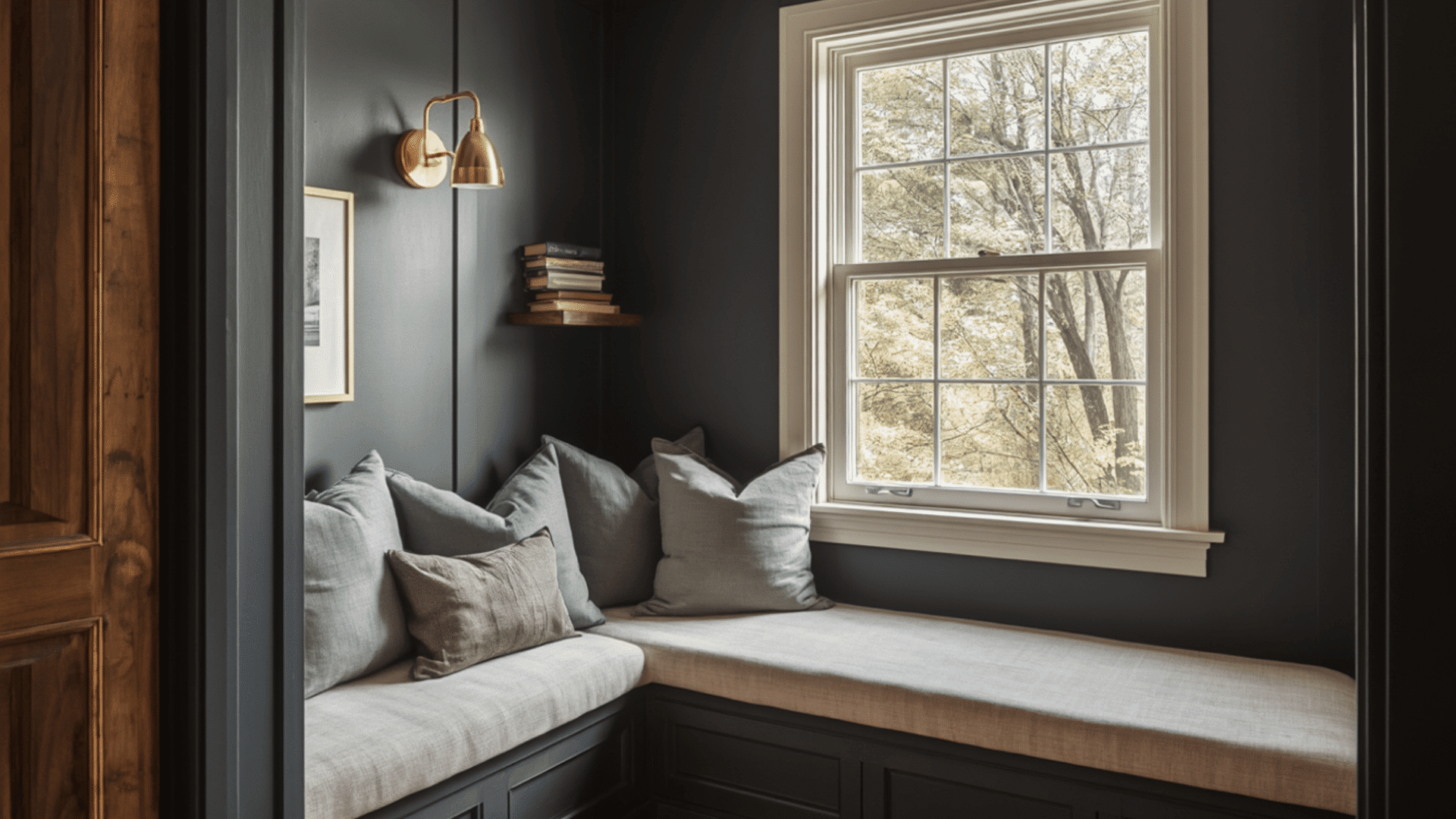 reading nook with silhouette af 655 walls and built in bench seating