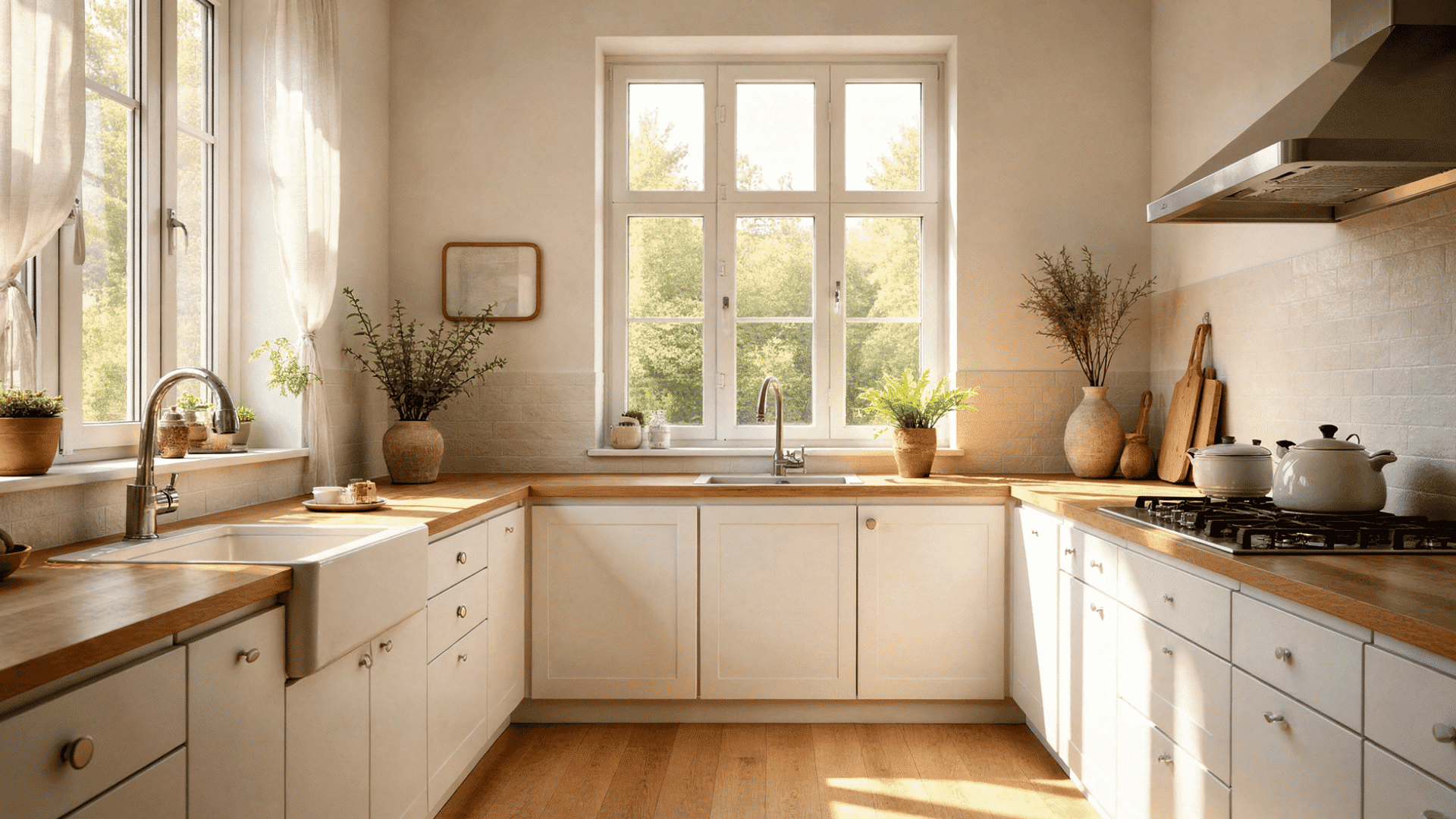 real nordic kitchen with white fireclay farmhouse sink in light wood countertops and minimal white cabinetry in natural light (1)