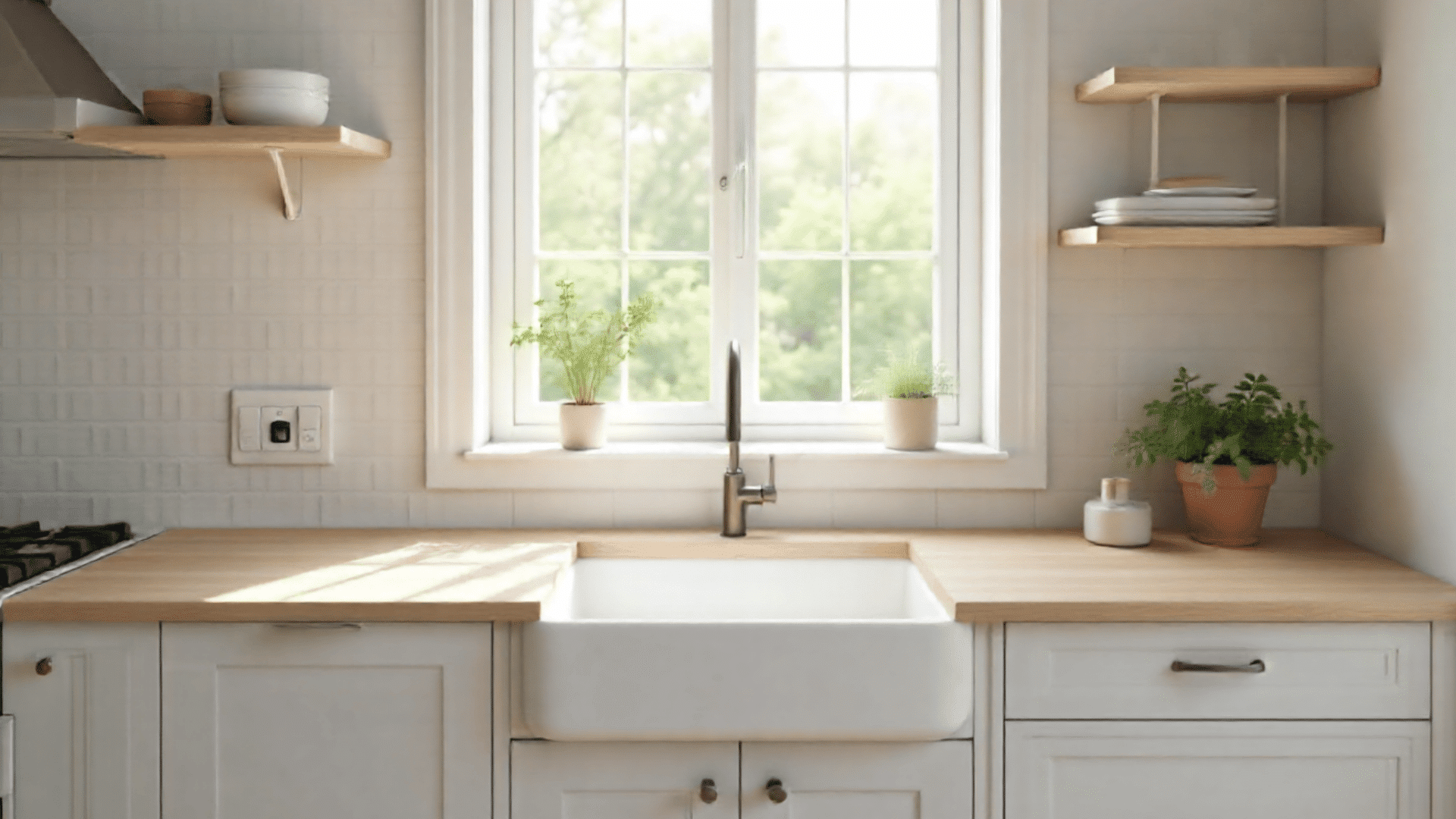 real scandinavian kitchen with large clean windows sheer white curtains and a small mirror bouncing natural daylight around the room