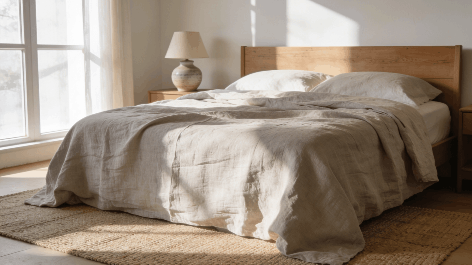 relaxed linen sheets and duvet cover with natural wrinkles airy texture soft neutral colors warm daylight (1)