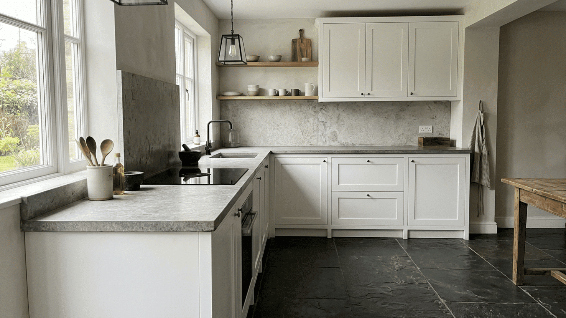 rustic white kitchen with stone counters open wooden shelves large windows black tile floor and a hanging pendant light