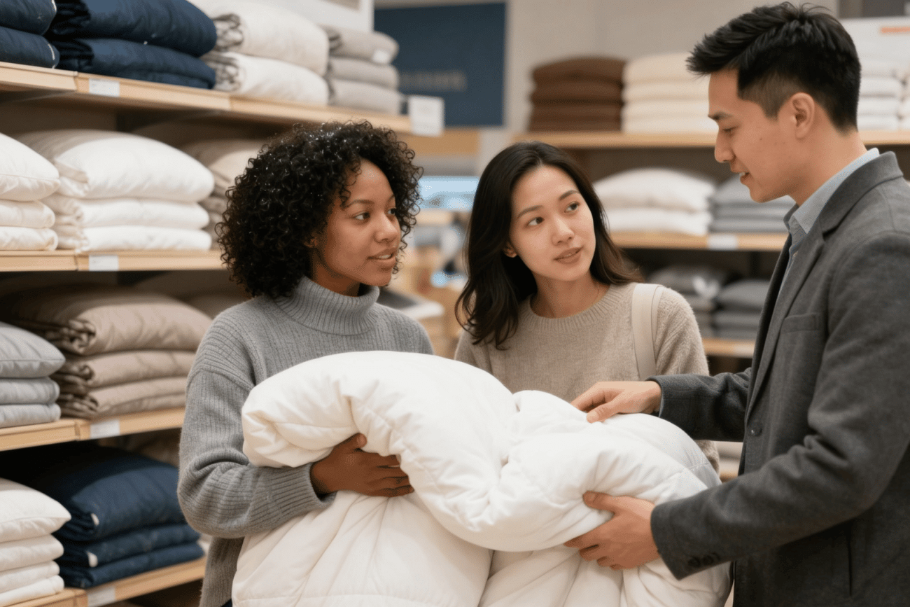 salesperson shows a white comforter to two customers in a bedding store