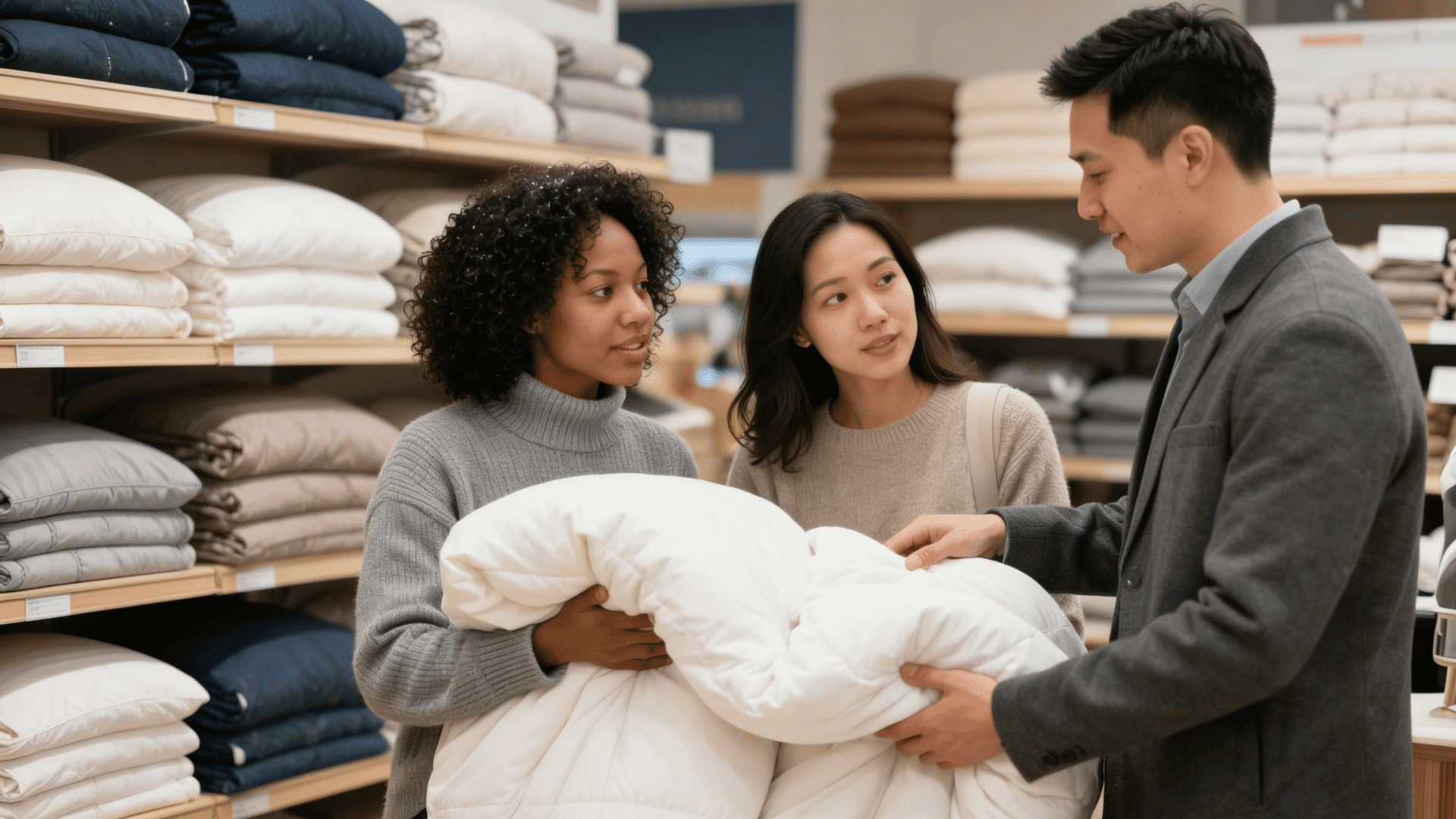 salesperson shows a white comforter to two customers in a bedding store