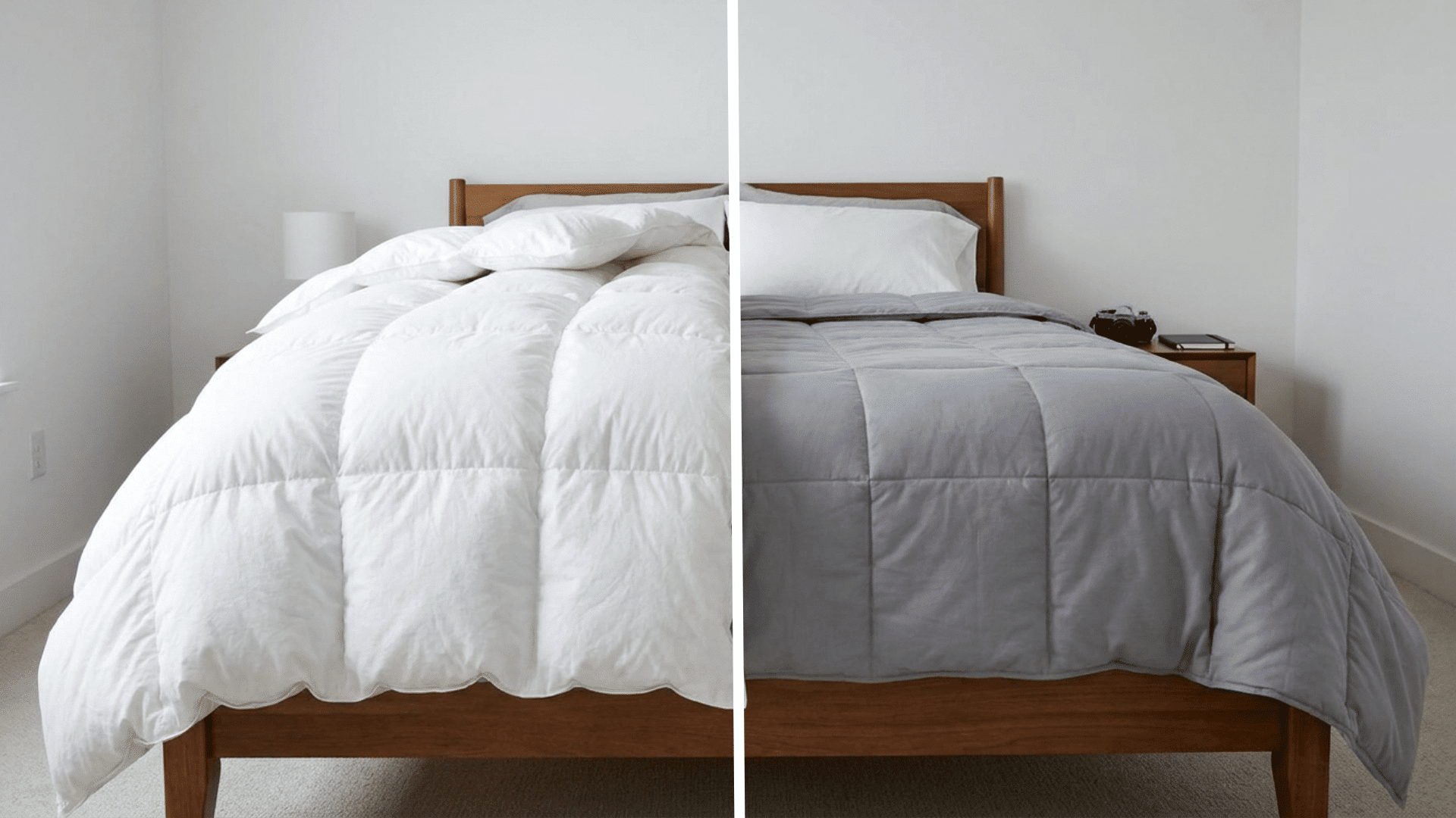 side by side view of a high loft fluffy comforter and a flat comforter on the same full bed