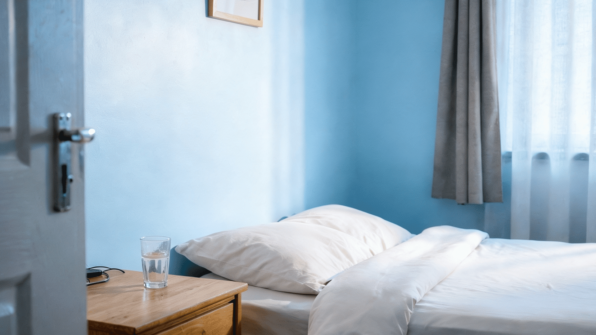 simple bedroom with a white duvet on the bed a glass of water and glasses on a wooden nightstand and a light blue wall