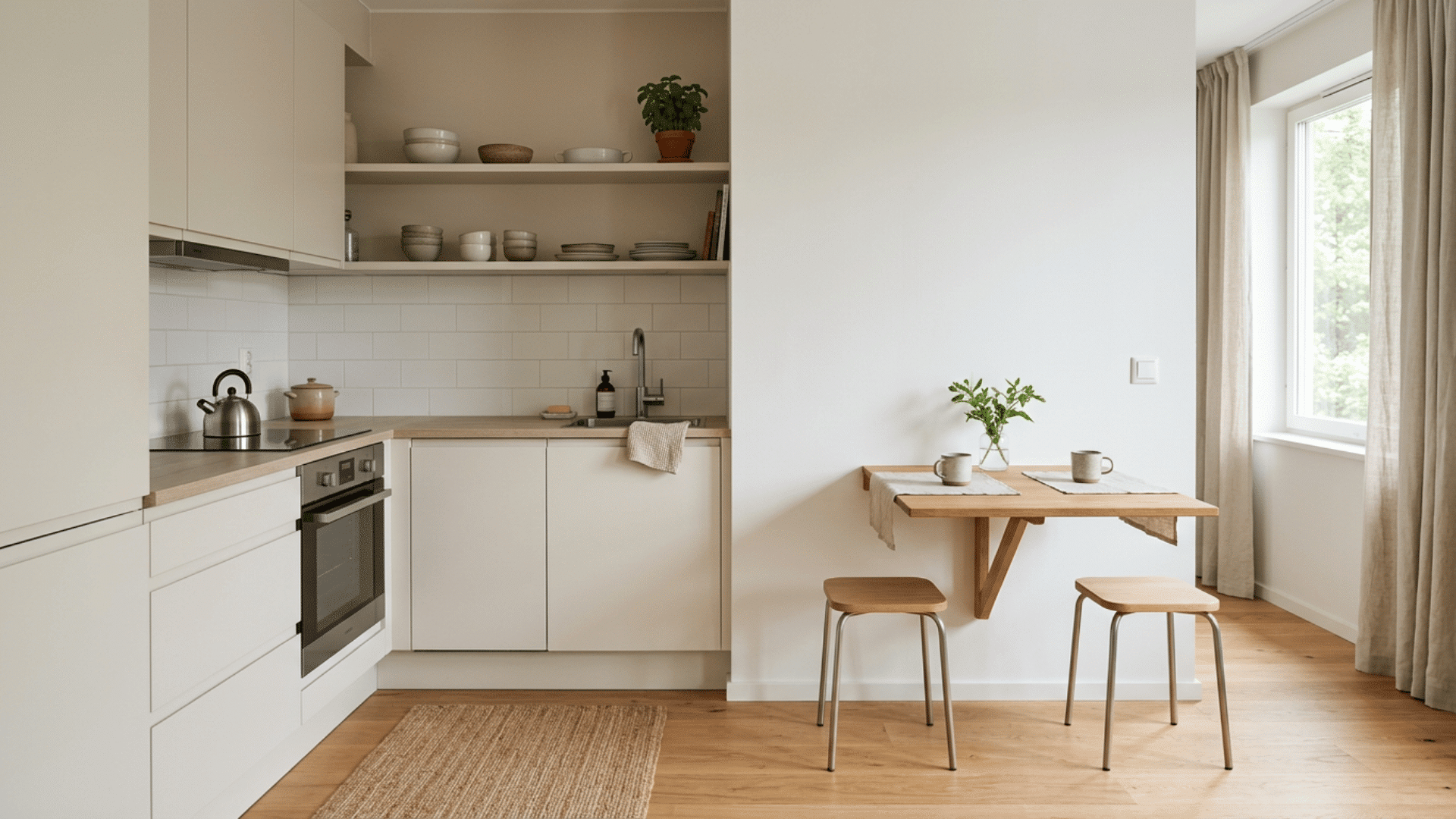 small cream kitchen with open shelves white tile backsplash oven kettle and a wall mounted table with two stools